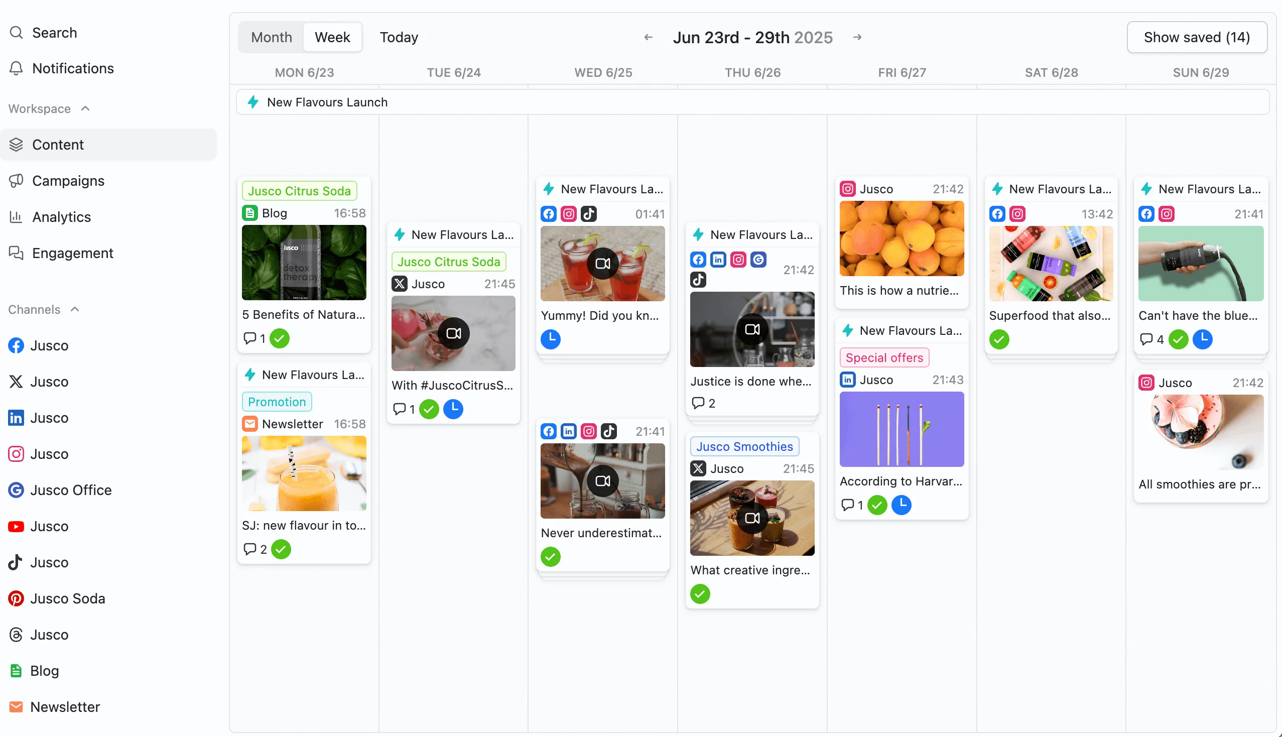 Weekly content calendar in Planable showing posts scheduled across various platforms for a product launch.