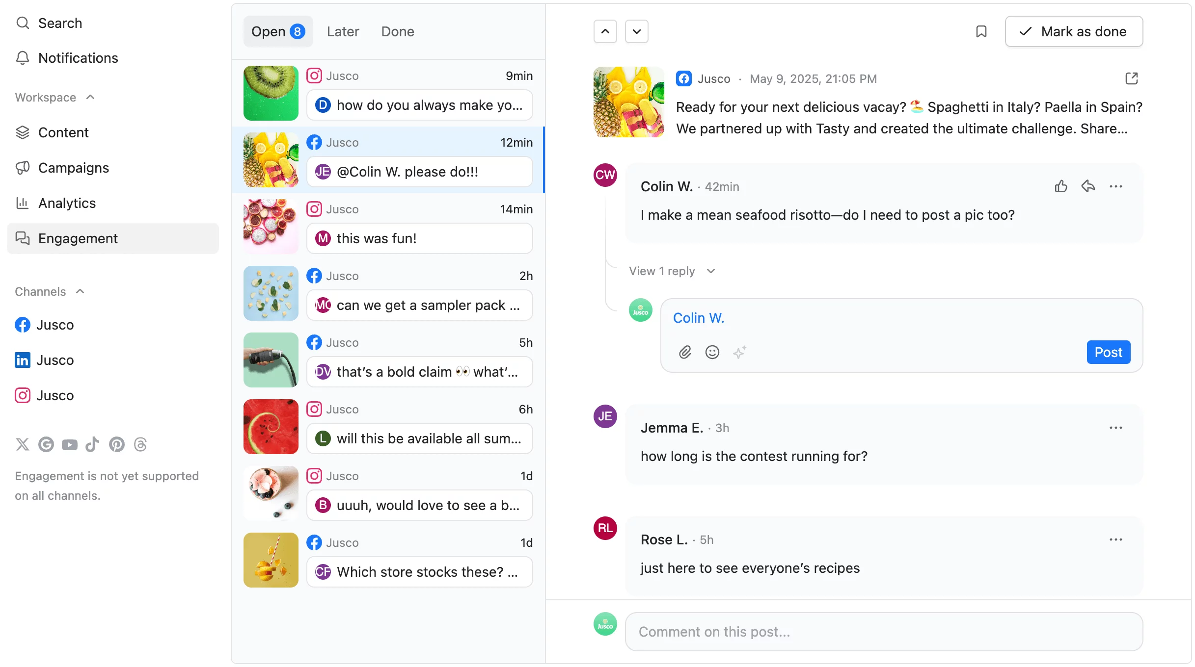 Social media comment management interface in Planable with post replies and team collaboration.