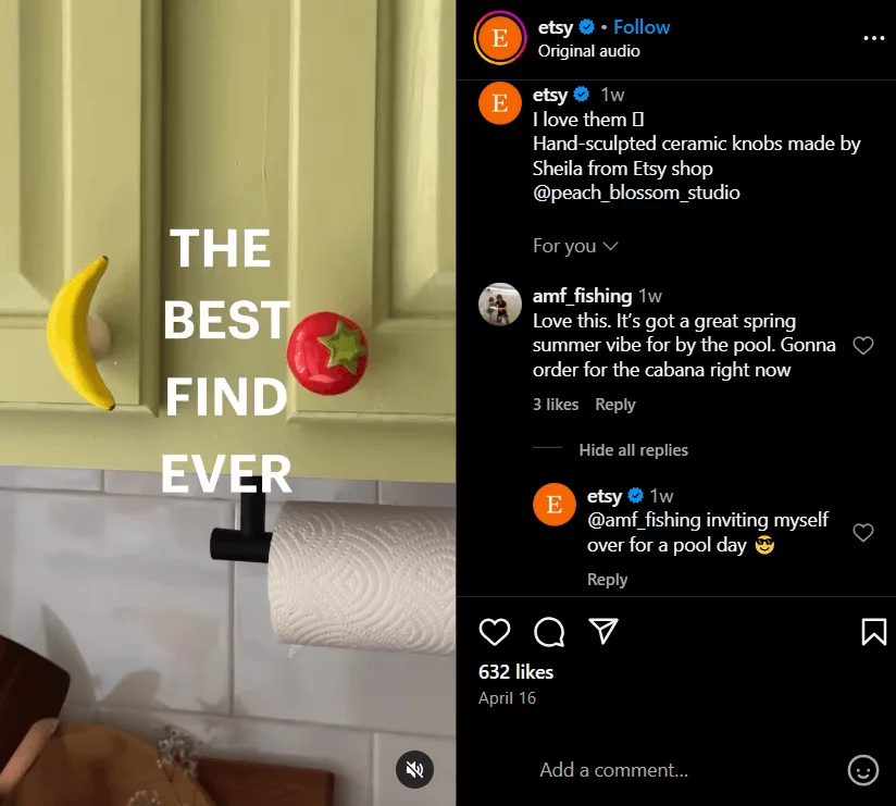 Ceramic fruit-shaped cabinet knobs featured in a fun Etsy social CRM Instagram post.
