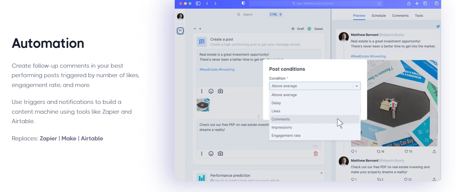  Feedhive automation dashboard with post condition options like likes, comments, and engagement rate.