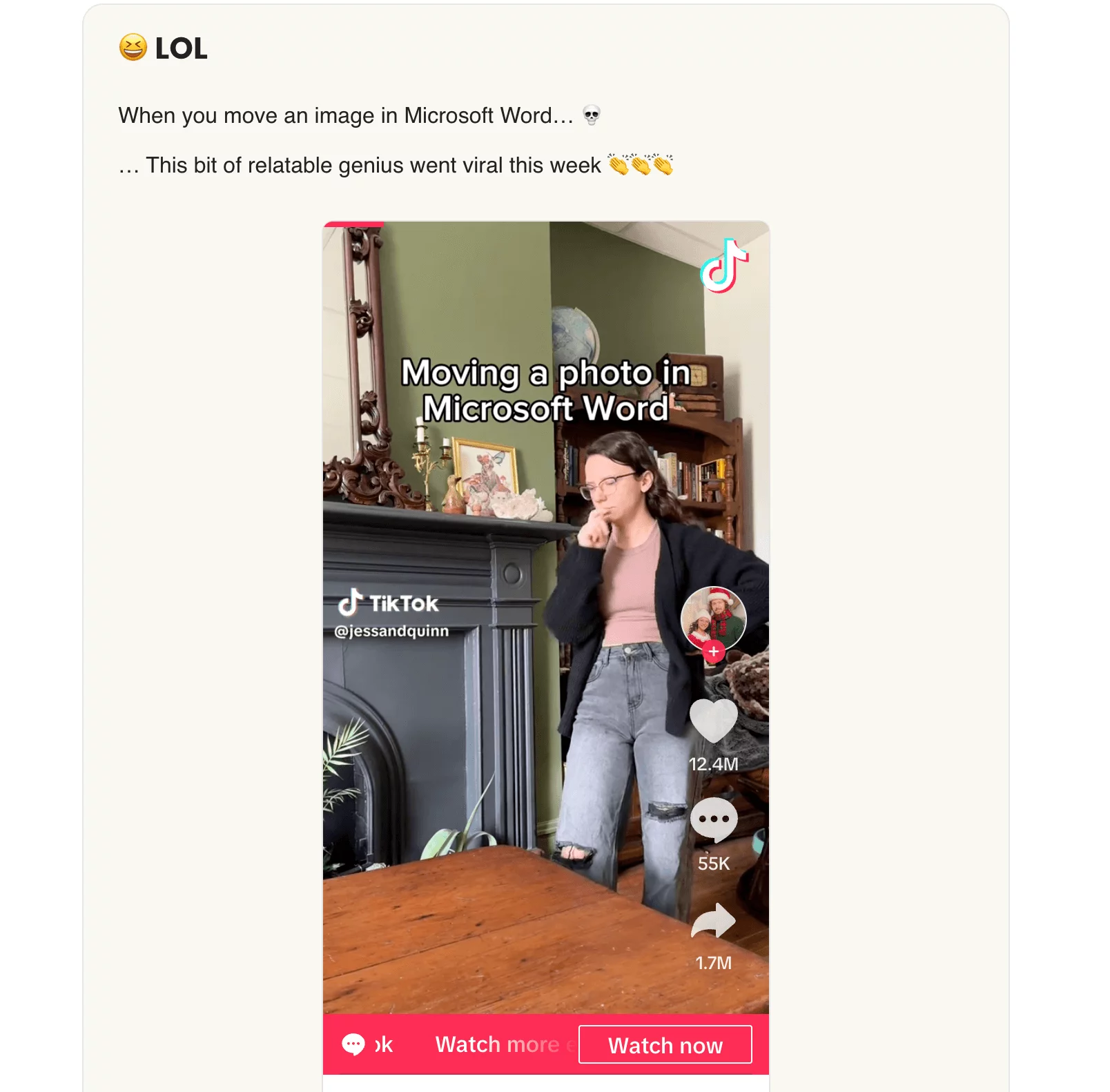 Geekout social media newsletter features viral TikTok about moving images in Microsoft Word.
