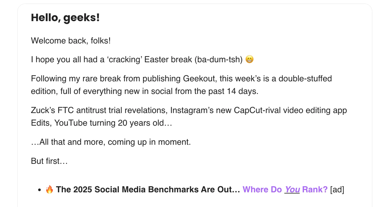 Geekout social media newsletter recaps TikTok bans, Meta benchmarks, and Instagram creator moves.