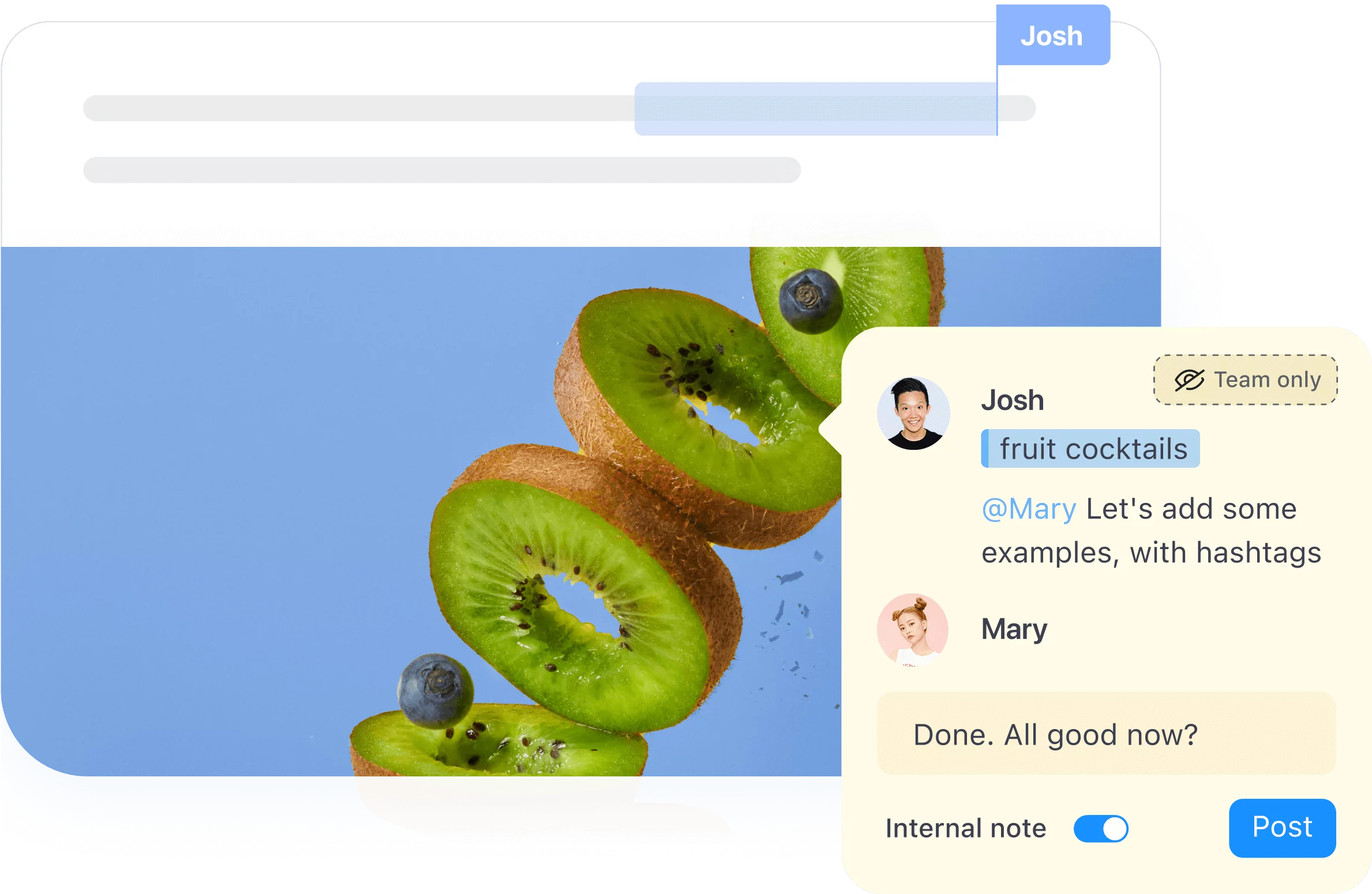 Sliced kiwi and blueberries beside an internal team comment thread discussing social post edits in Planable.