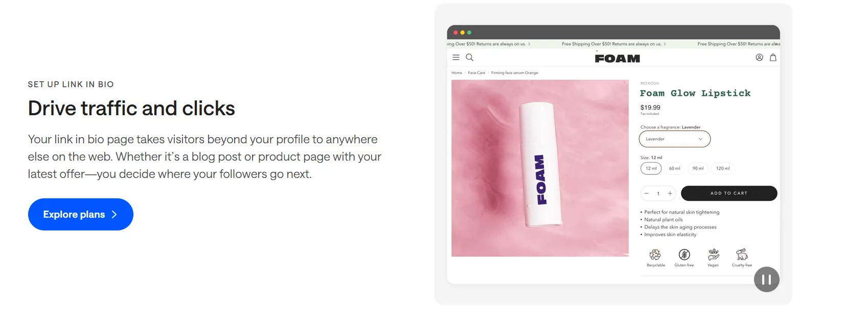 Foam Glow Lipstick product page displayed beside promo text encouraging link in bio usage.