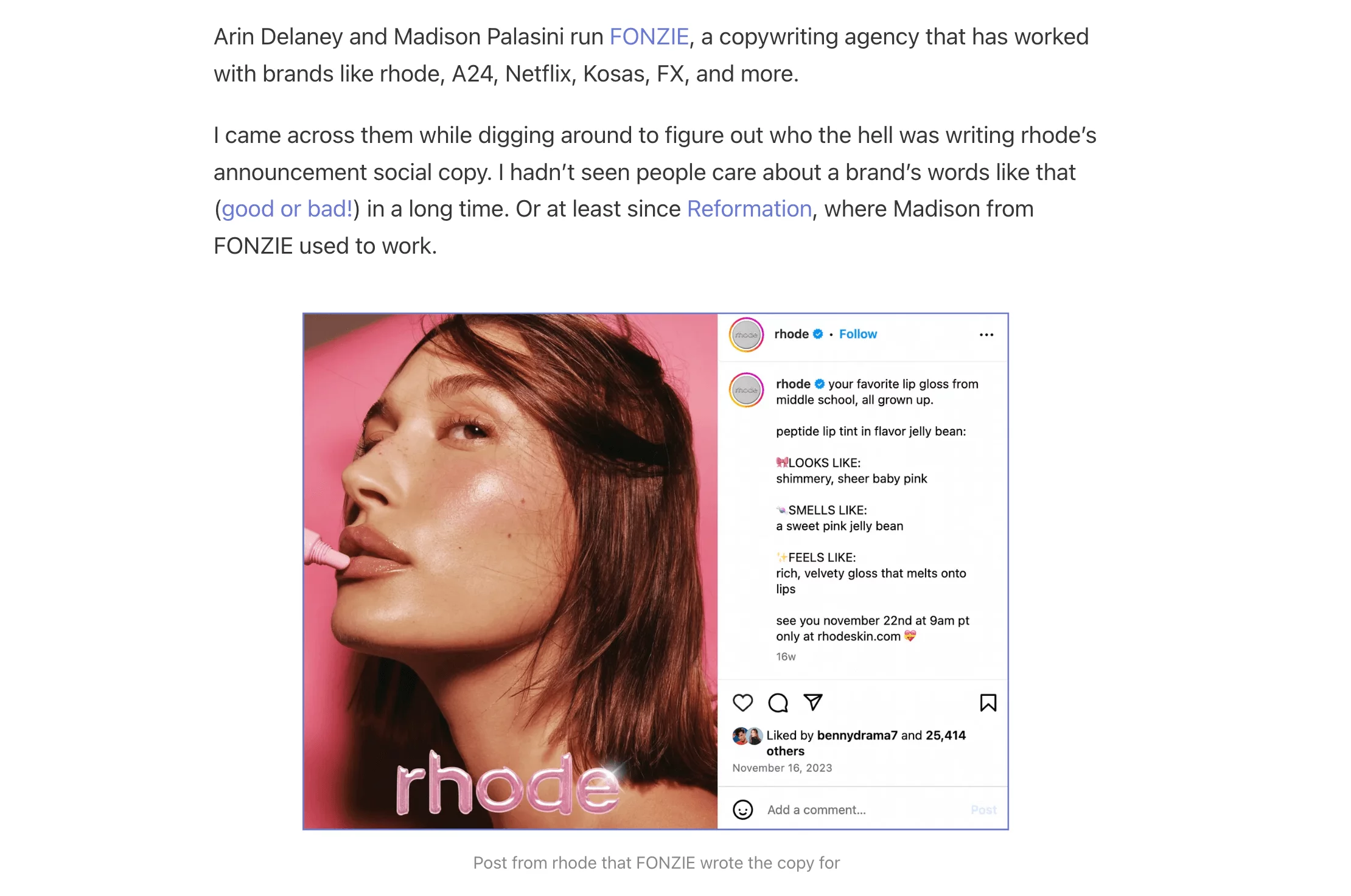 Link in Bio social media newsletter shows rhode lip gloss ad and breakdown of brand copywriting.