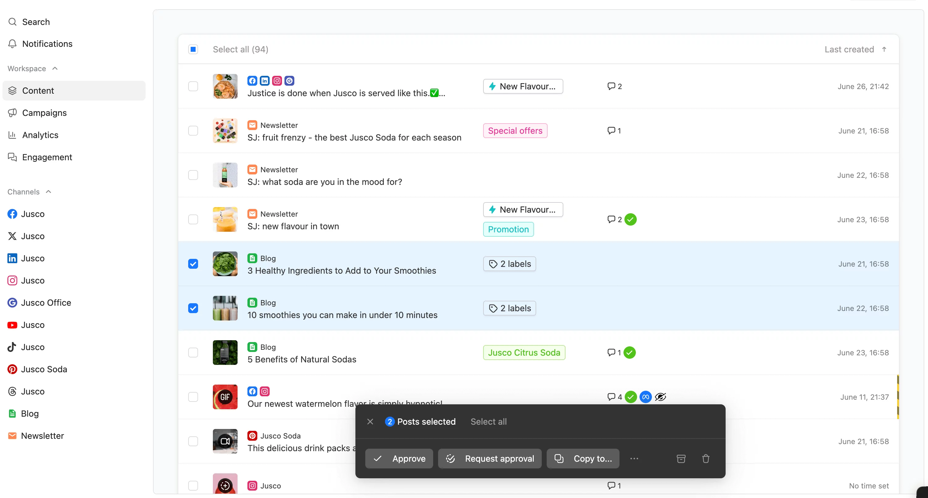 Planable list view of scheduled and drafted content with filters, labels, and bulk action options.