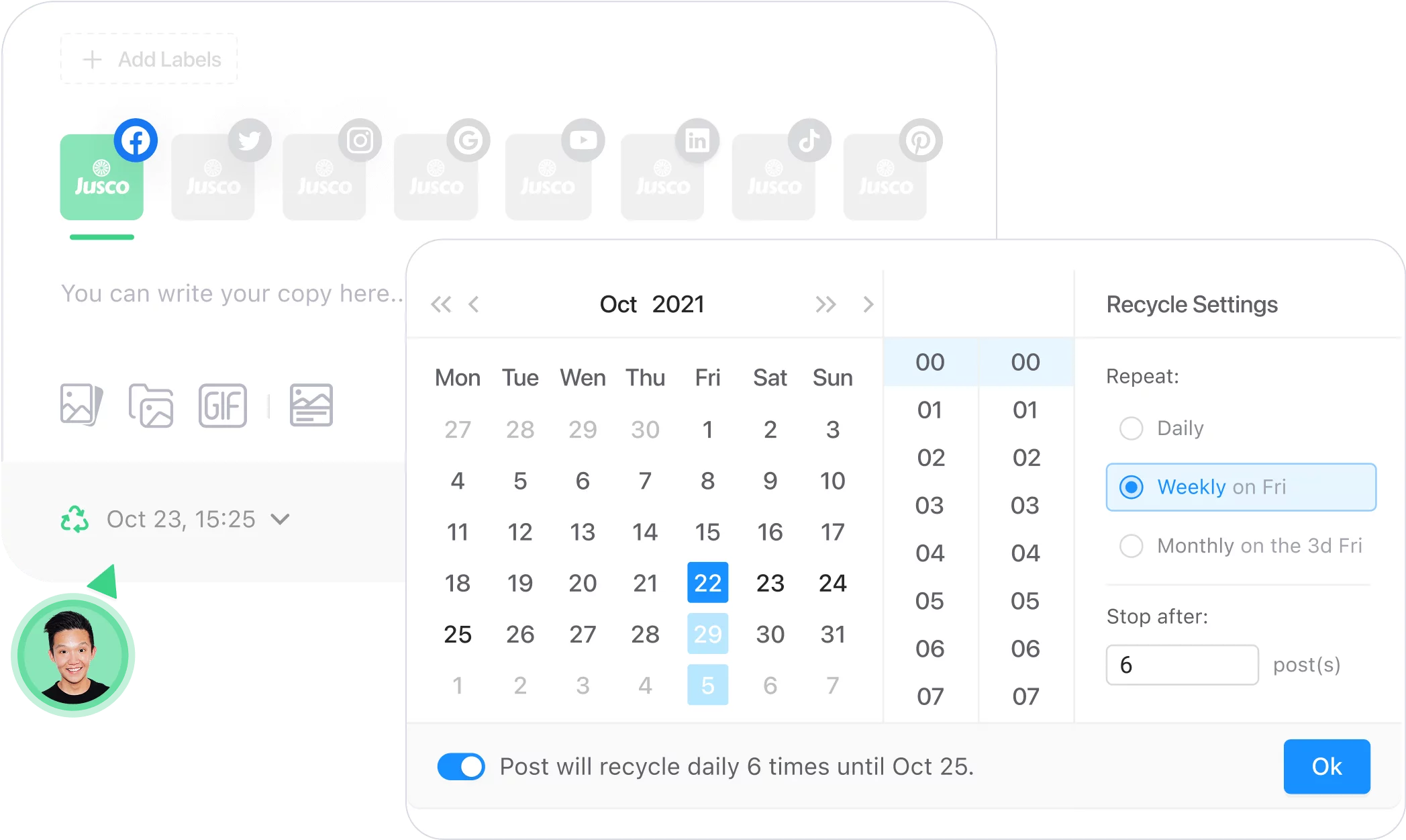 Content recycling settings in Planable with calendar, repeat options, and scheduled post preview.