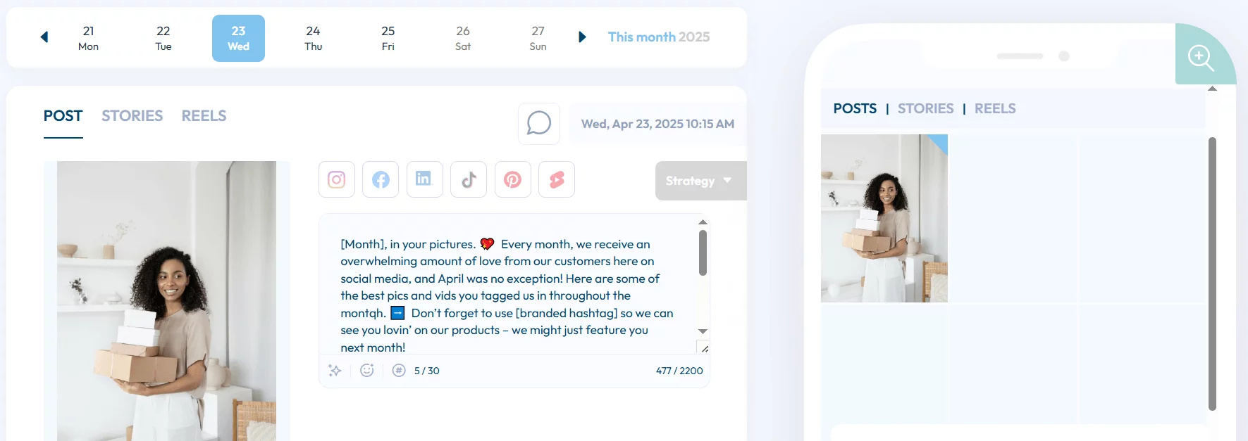 Plann's That Social media post composer with preview showing woman holding boxes and caption draft.