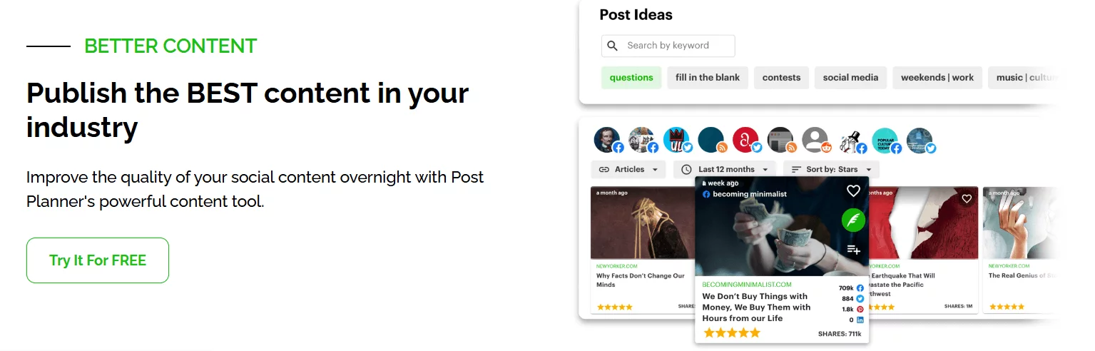 Post Planner interface with curated post ideas and content rating to boost social media quality.