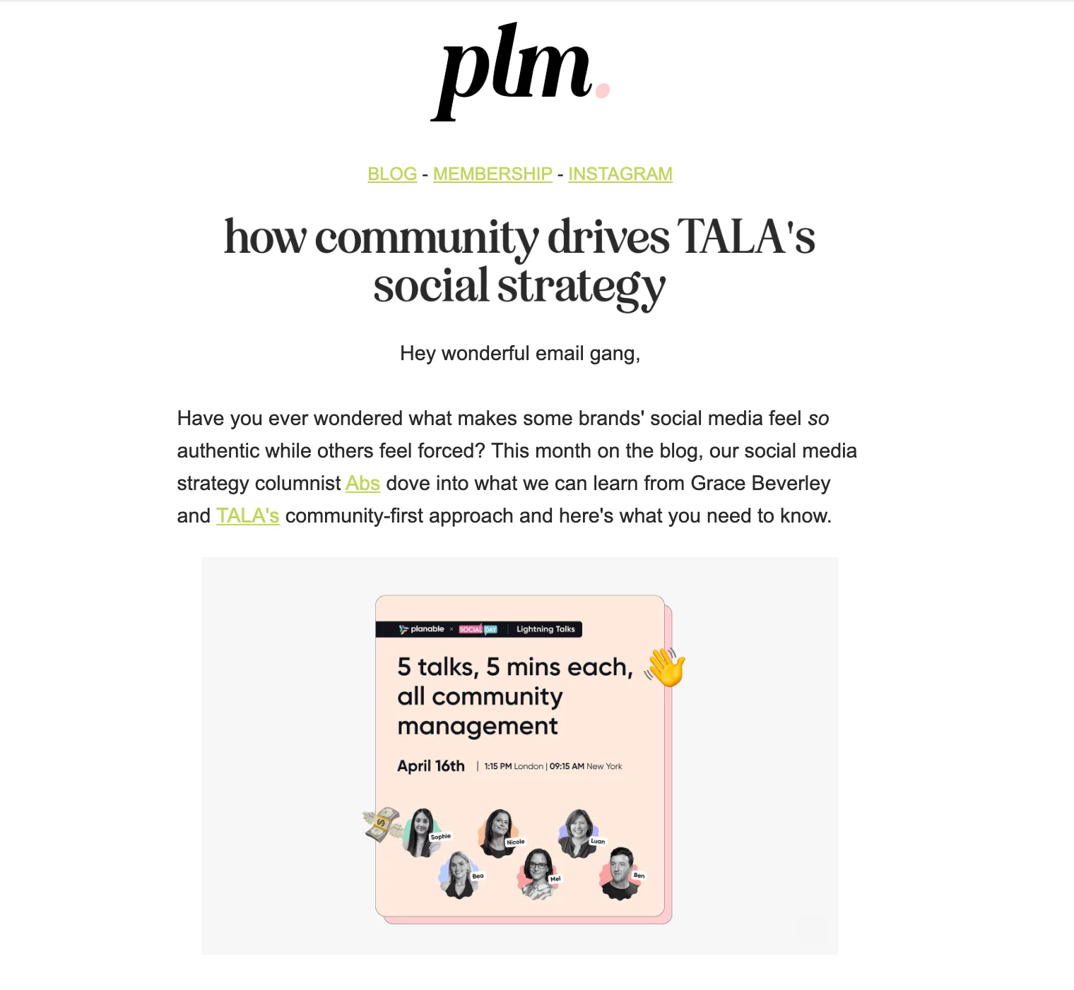 PLM newsletter explains TALA’s community-driven social media strategy with event promo graphic.