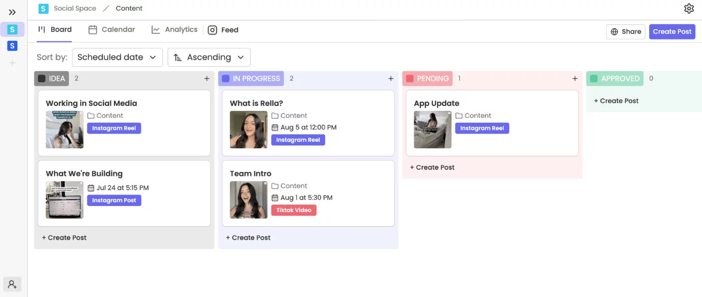  Rella content board with cards for Instagram and TikTok posts organized by idea, progress, and status.