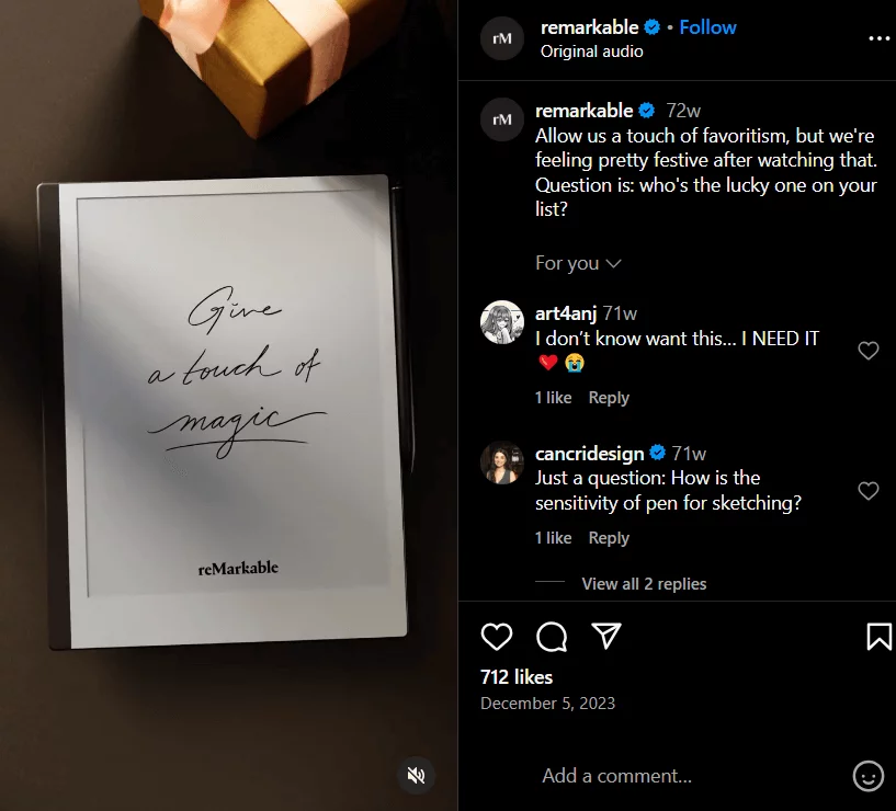 reMarkable tablet in a festive social CRM post with “Give a touch of magic” written on the screen. 