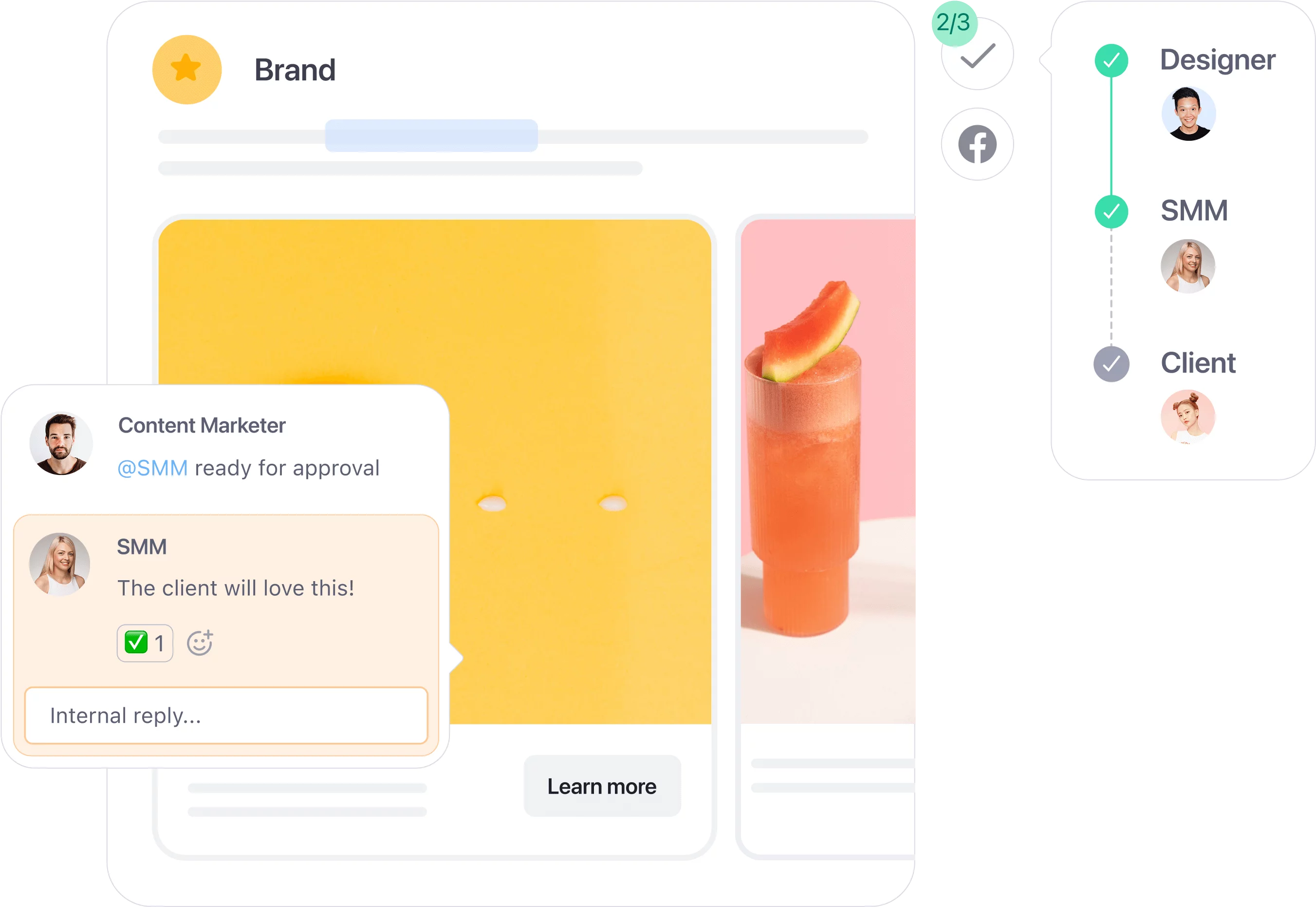 Content approval workflow with team chat, post preview, and progress tracker showing client and team approvals.