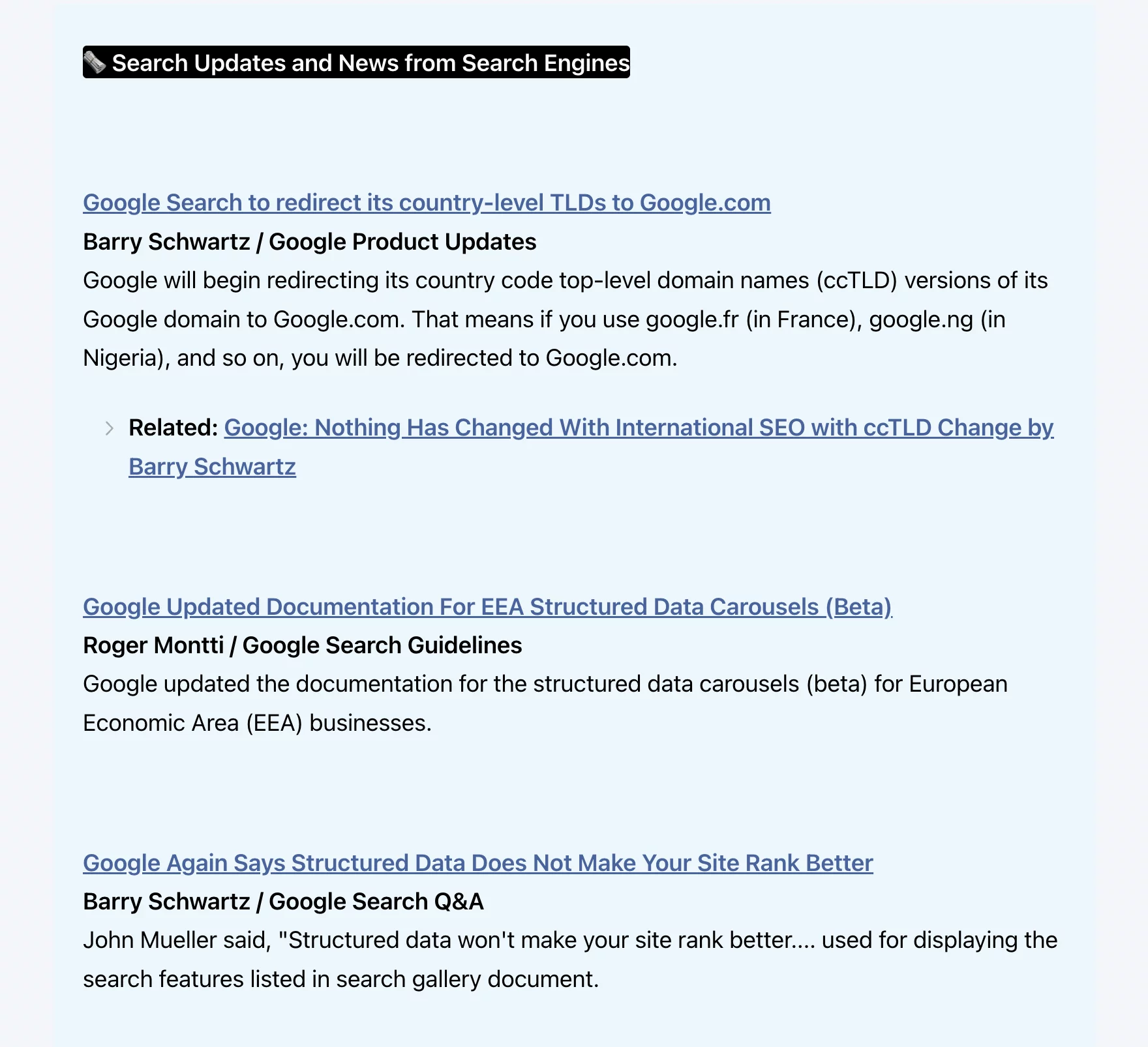 SEOFOMO social media newsletter on Google ccTLD redirects, structured data updates, and SEO guidelines.