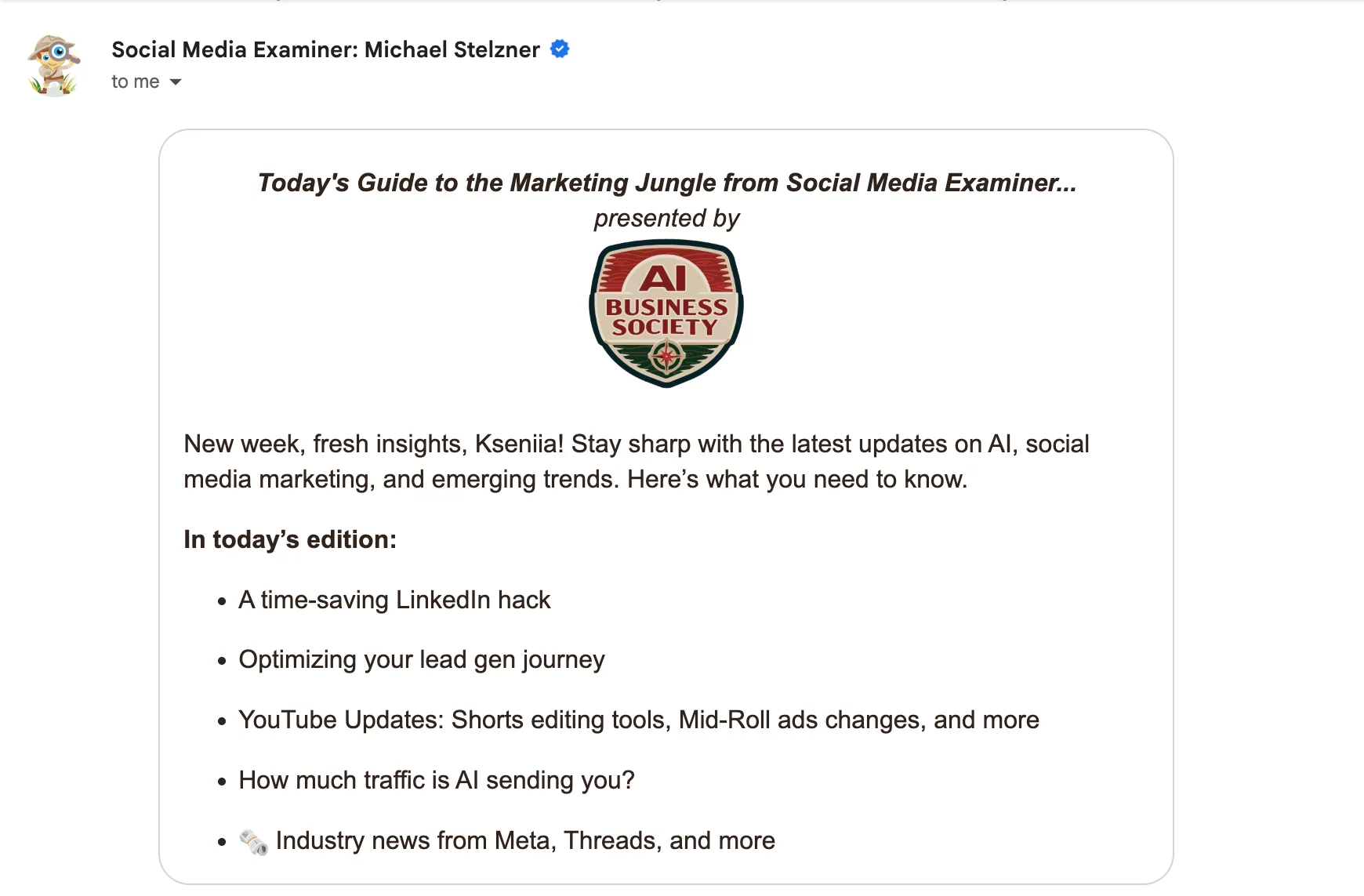  Social Media Examiner social media newsletter shares LinkedIn hacks, YouTube features, and AI traffic tips.