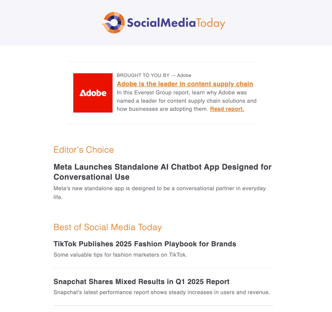 Social Media Today social media newsletter covers Meta’s AI chatbot, TikTok guide, and Snapchat results.