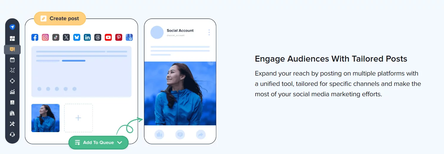 SocialPilot post creator with platform icons and queue button to schedule cross-channel content.