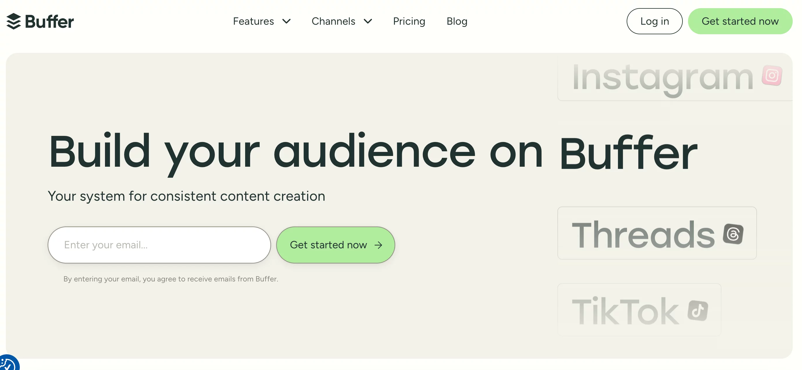 Buffer homepage with email signup and platforms like Instagram, Threads, and TikTok highlighted
