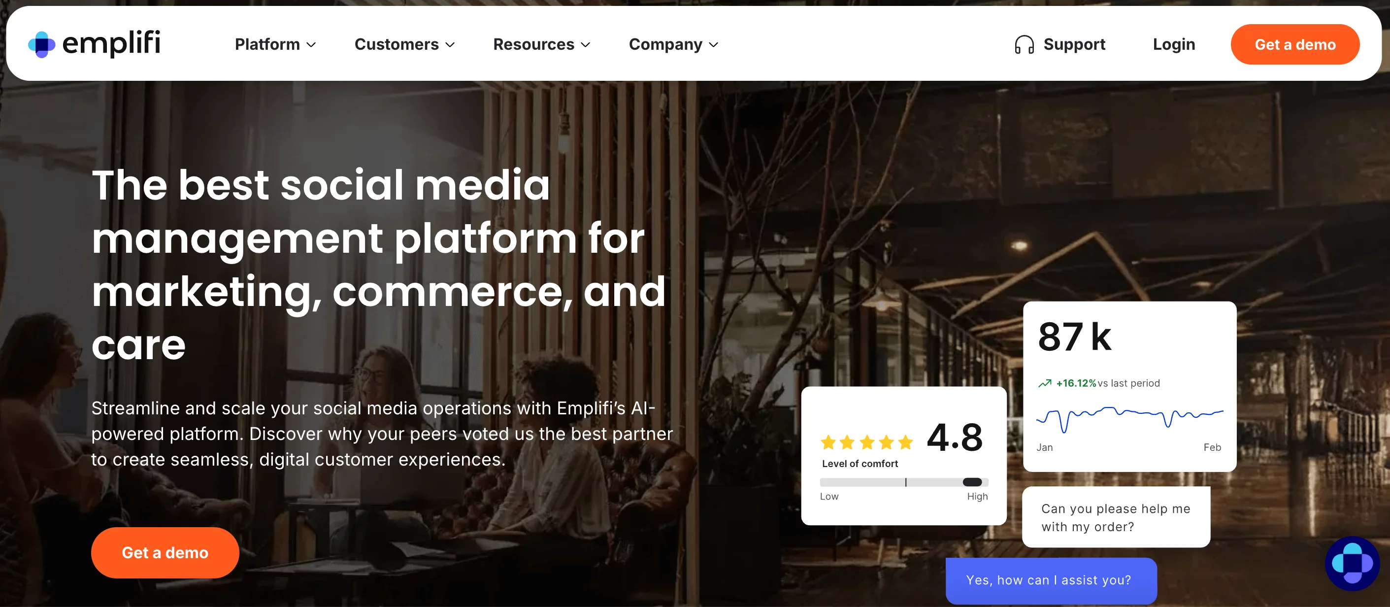 Emplifi homepage promoting AI-driven social media tools with reviews, metrics, and a demo request button