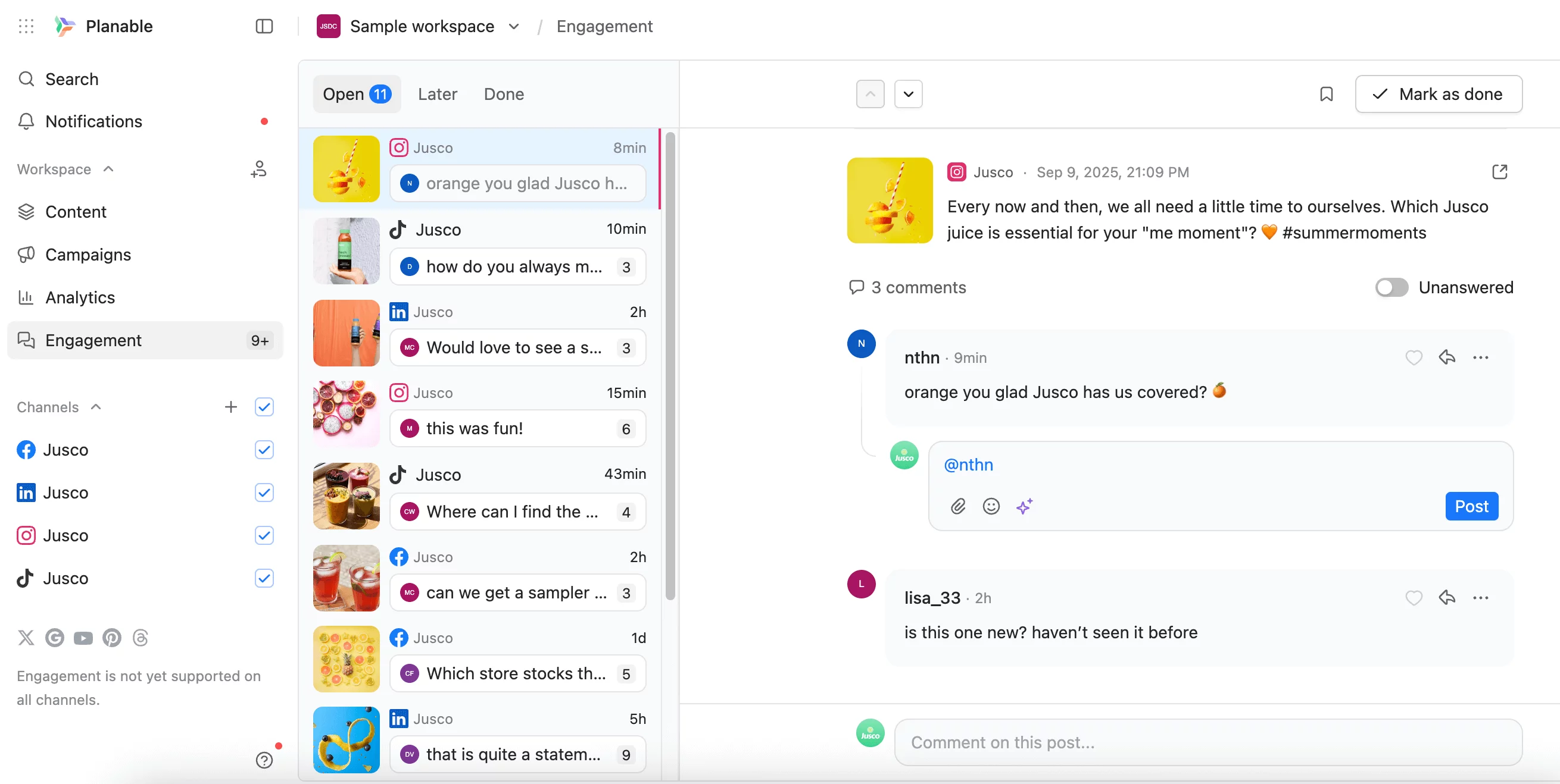 Engagement dashboard in Planable showing open messages and a conversation thread from various social platforms.