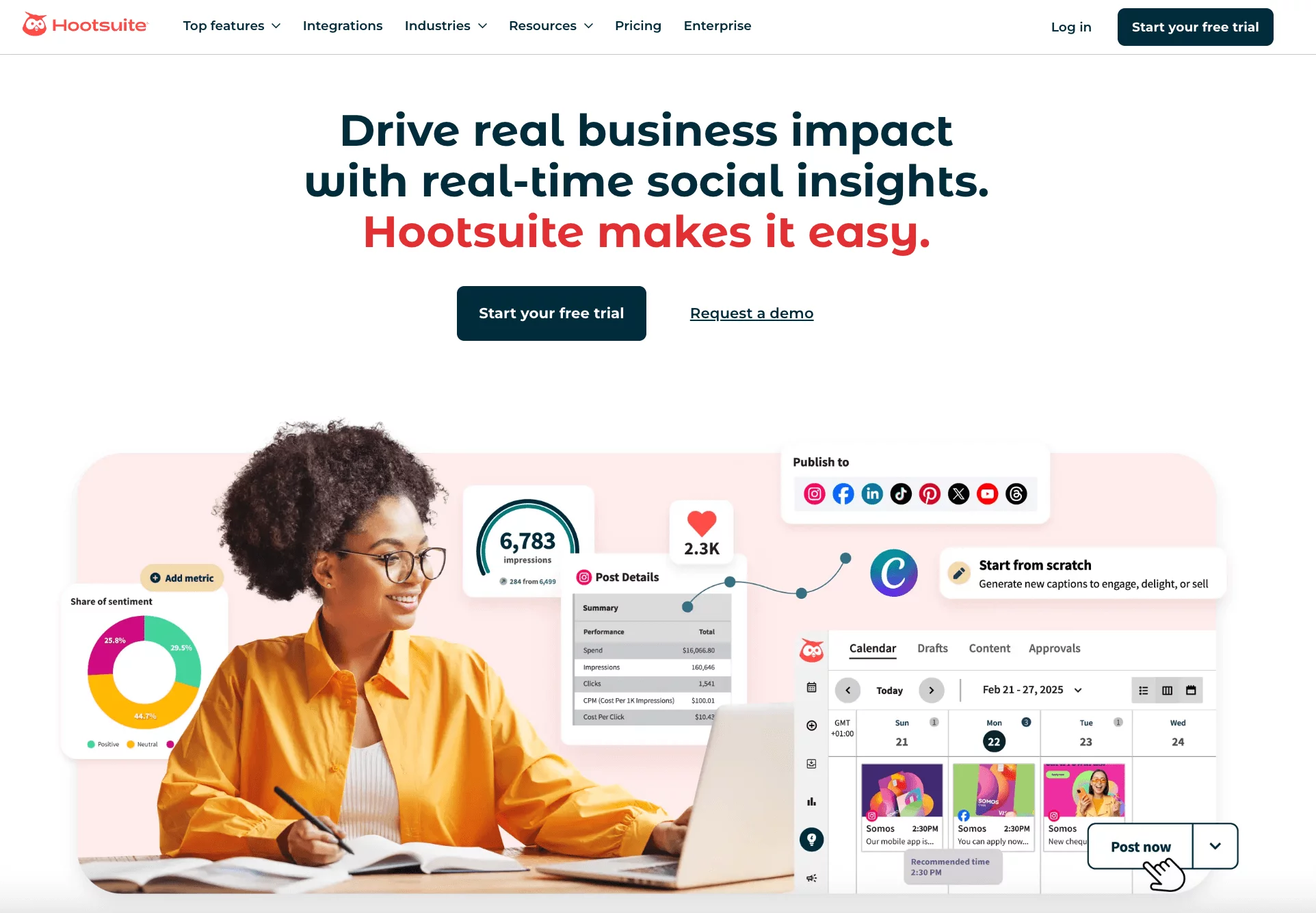 Hootsuite homepage with analytics dashboard, publishing tools, and woman analyzing social media data