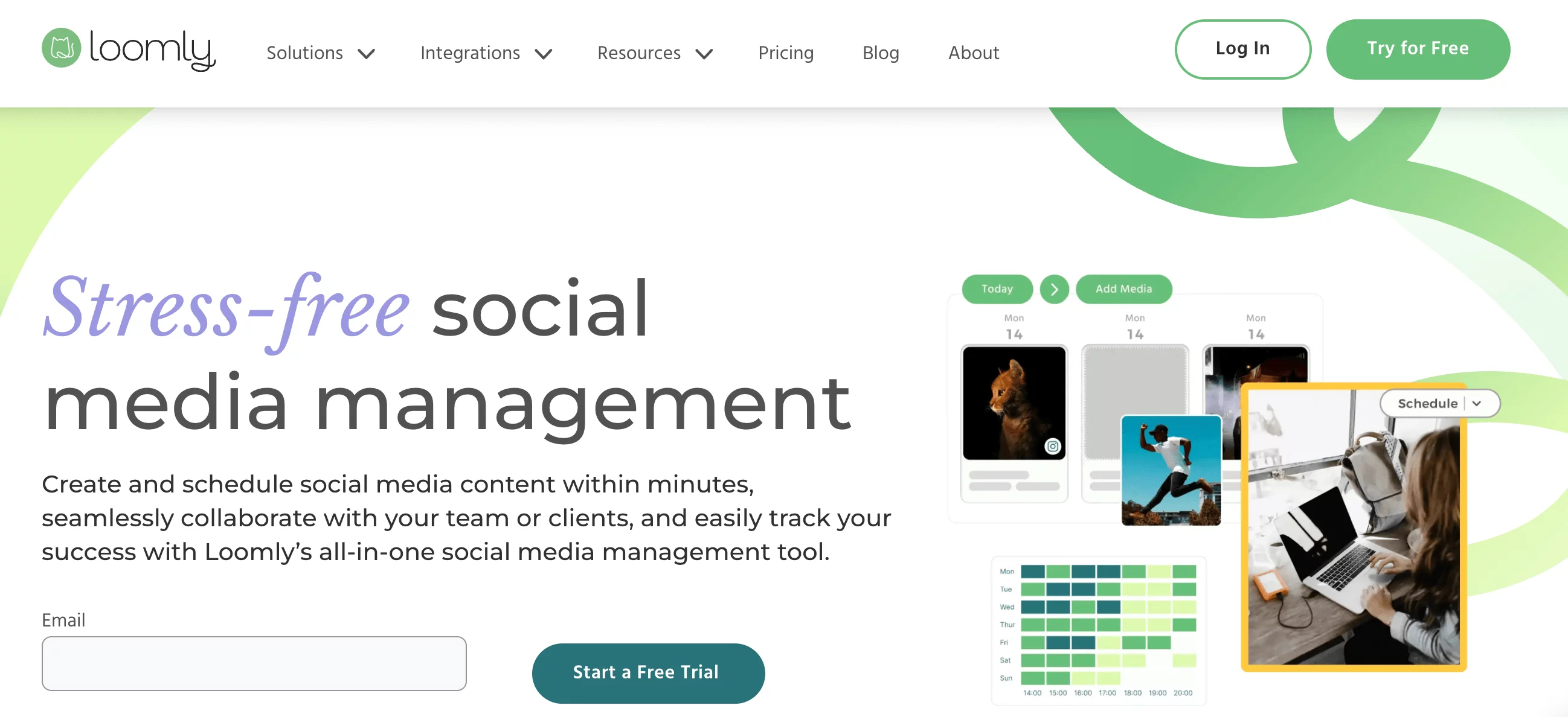 Loomly homepage featuring content schedule, media uploads, and calendar for social post planning