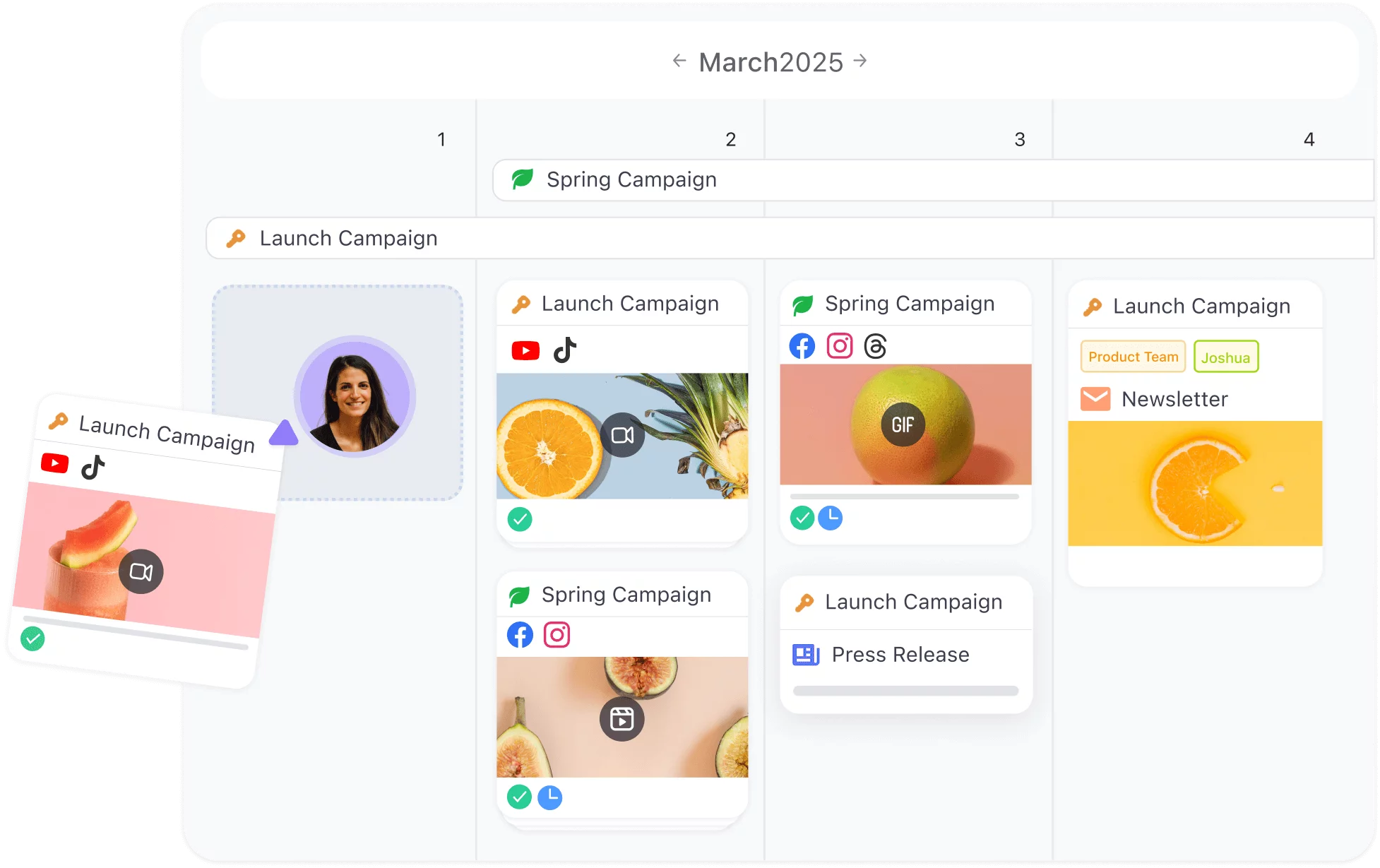Planable calendar view showing campaign posts with images, platforms, and team member assignments