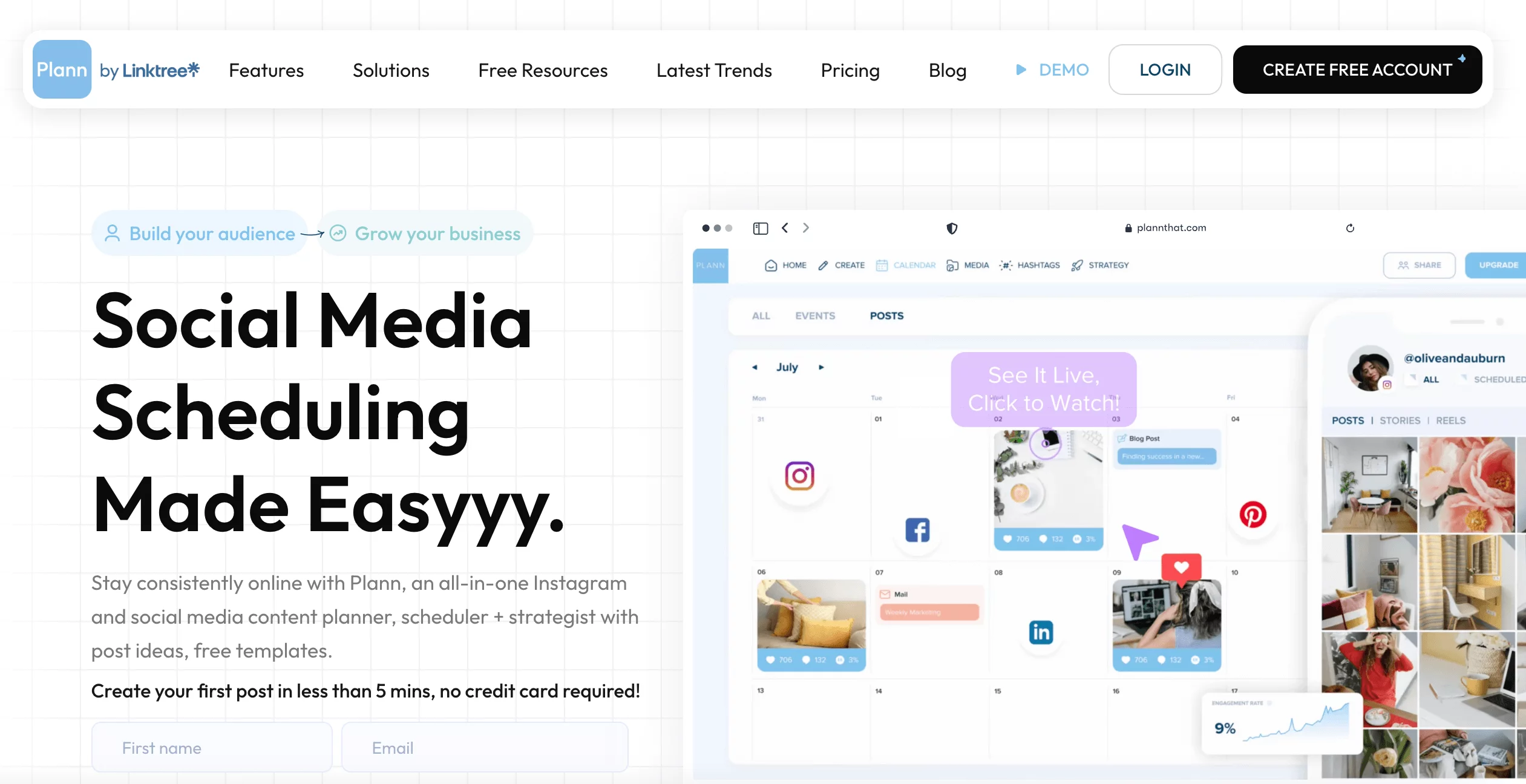 Plann homepage promoting social media scheduling with preview of content calendar and Instagram feed planner.