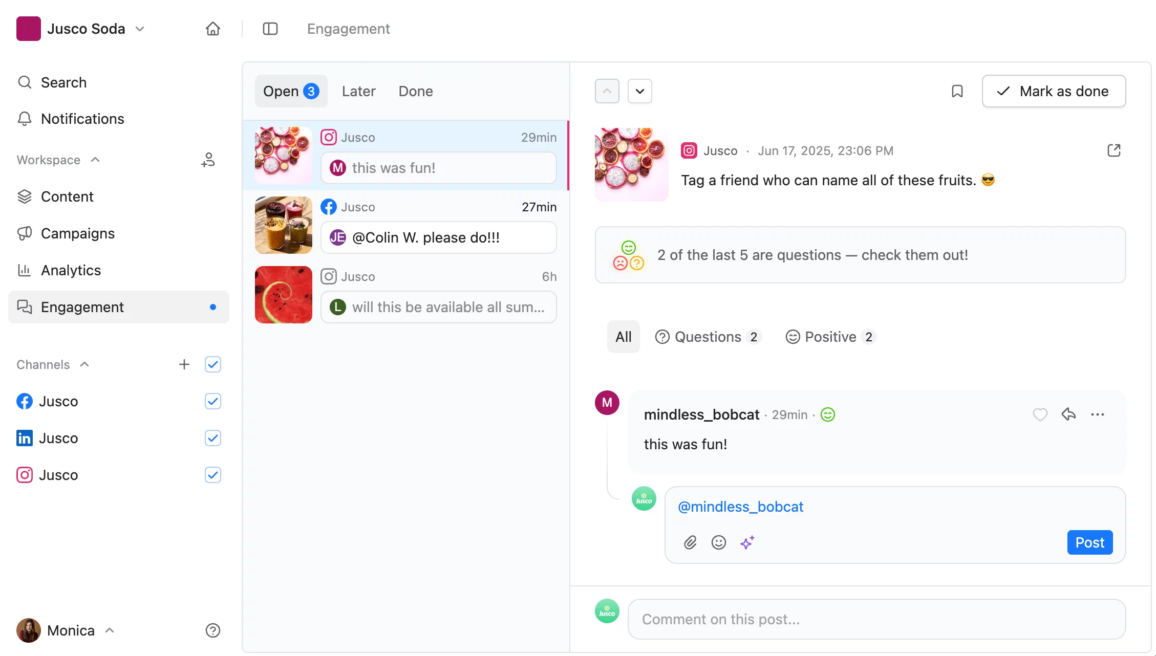 Planable engagement dashboard showing social media comments, sentiment tags, and reply options in workspace view.