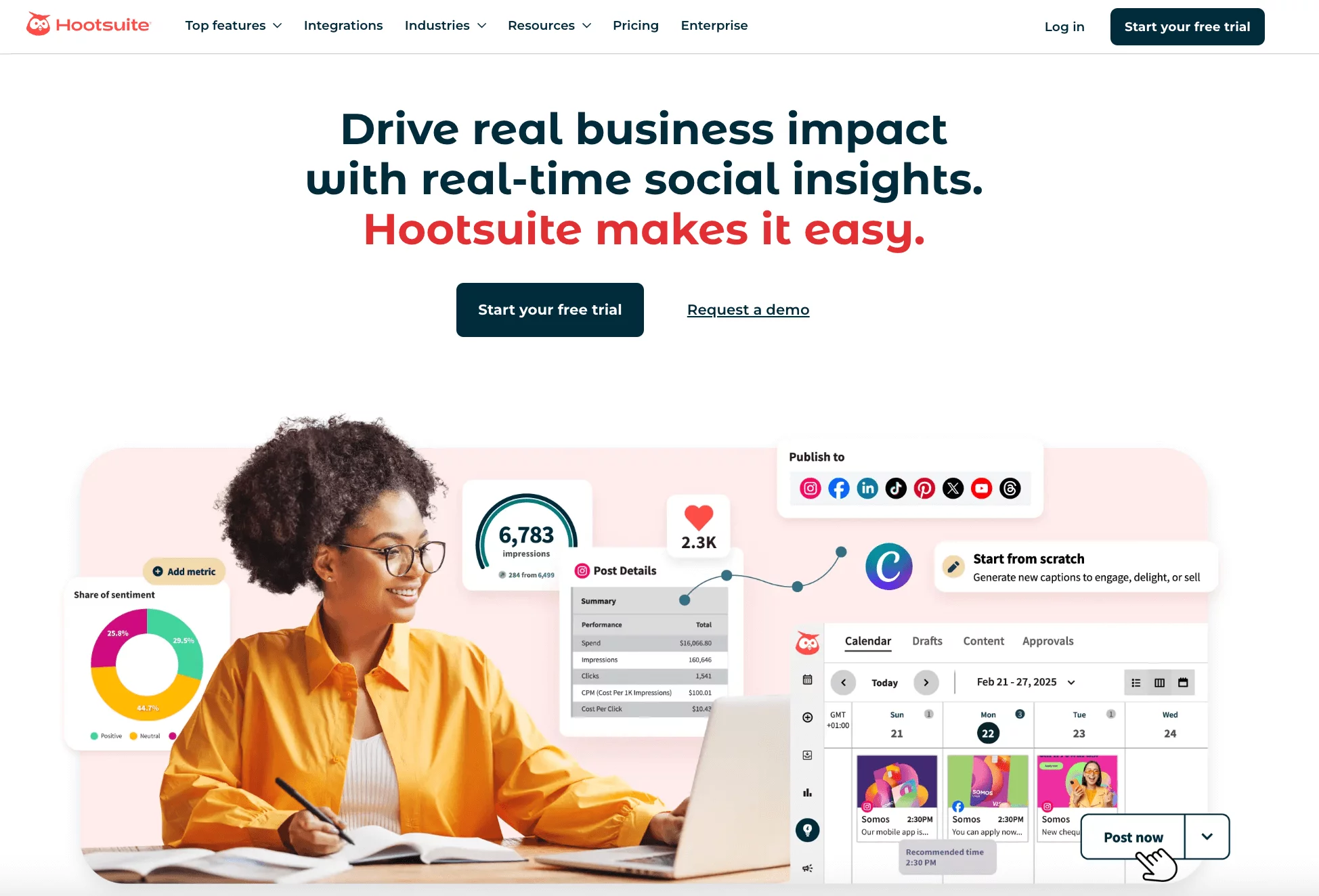 Woman at desk analyzing social metrics on Hootsuite dashboard with graphs, post previews, and engagement data.