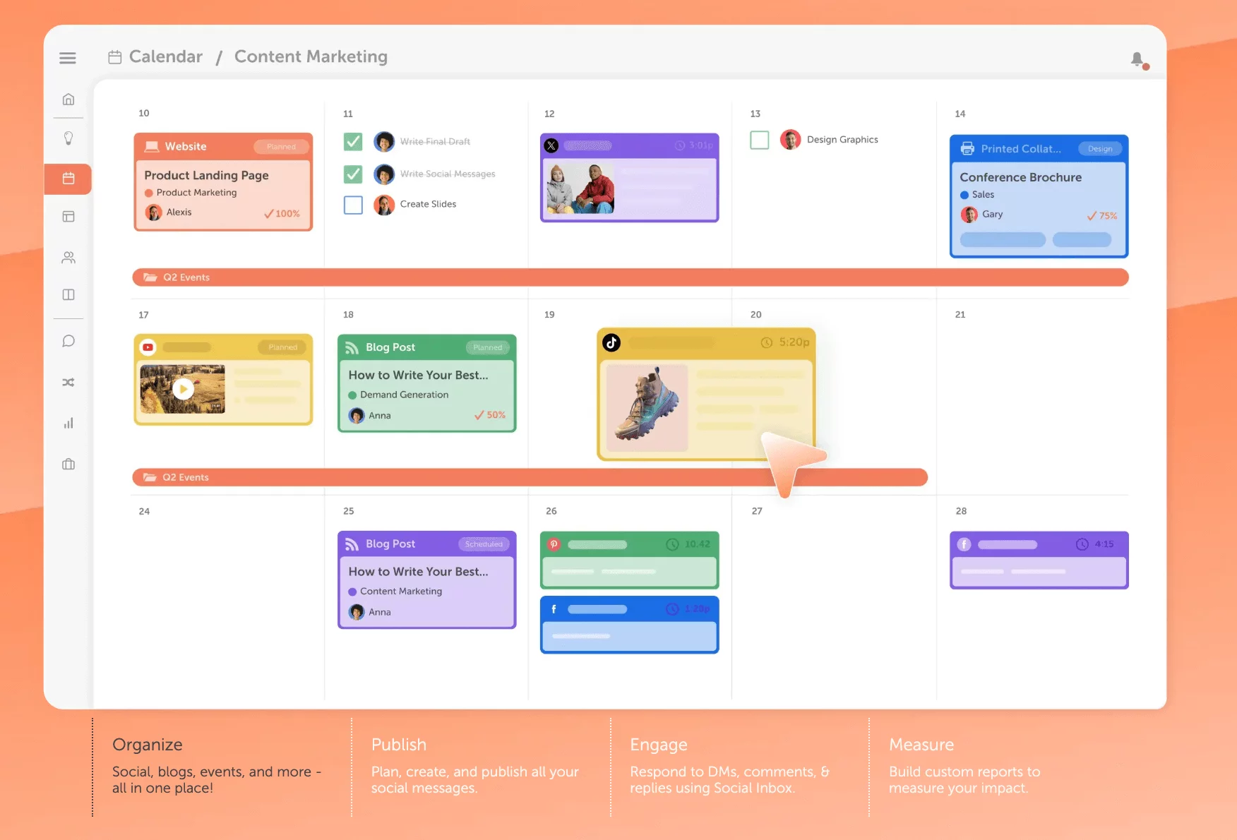 CoSchedule homepage with color-coded content marketing calendar with blog posts, social tasks, and campaign events in a drag-and-drop planner.