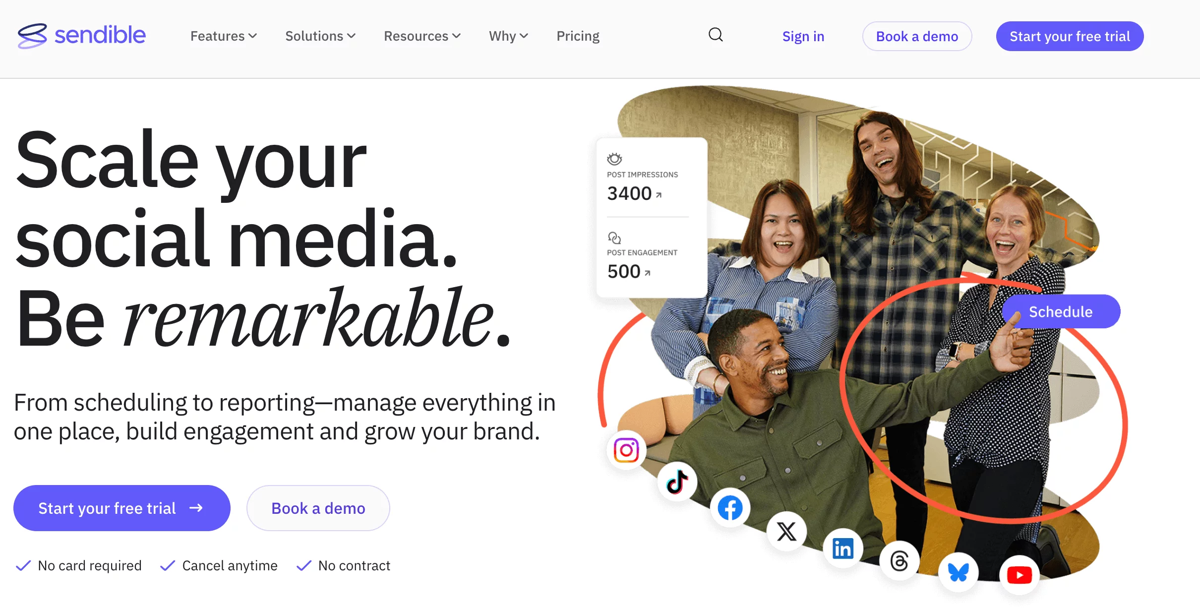 Sendible homepage showing excited team and post analytics, emphasizing scheduling and engagement