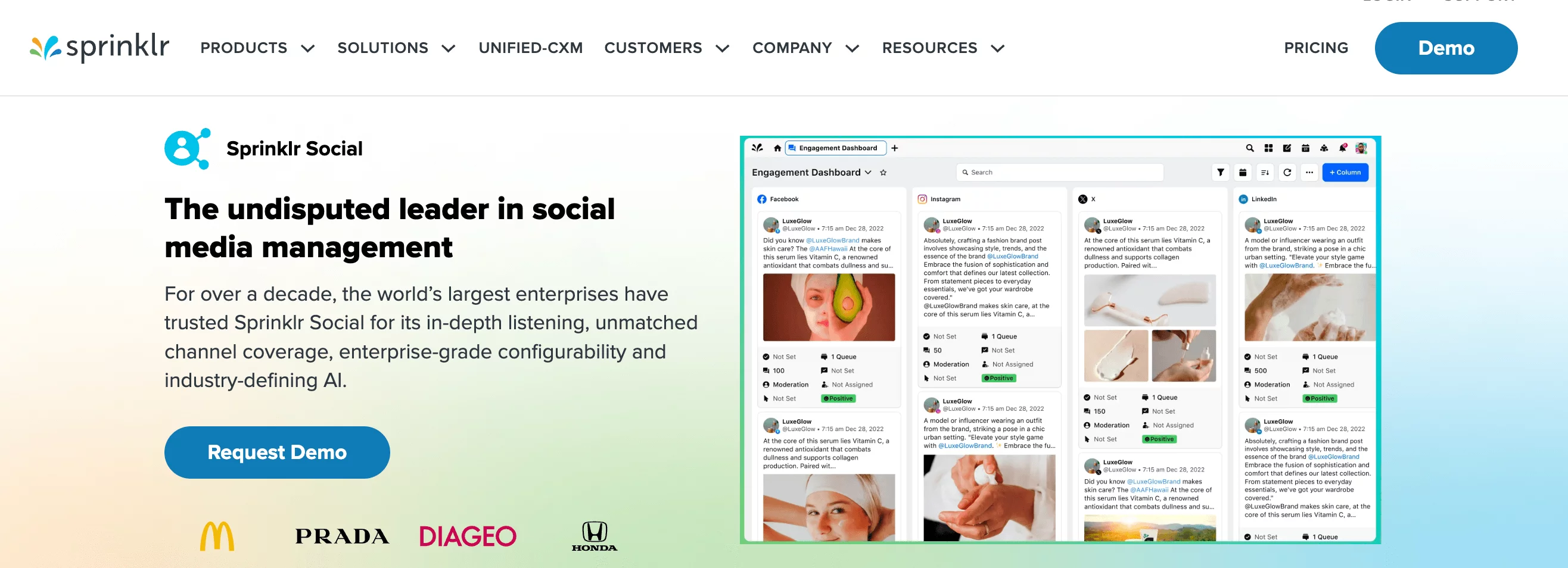 Sprinklr homepage with engagement dashboard and social post analytics across multiple networks
