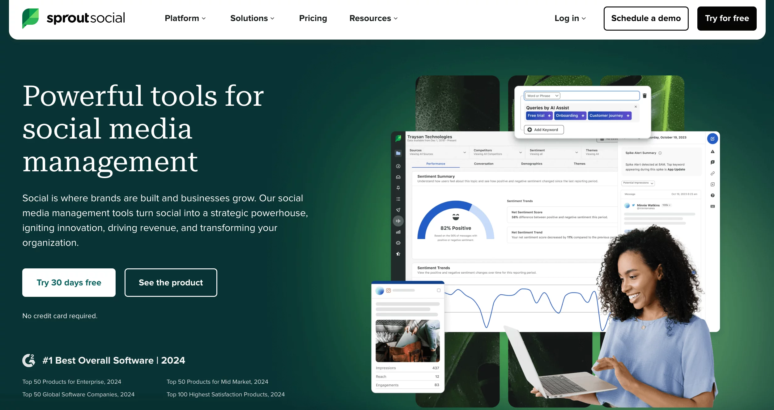 Sprout Social homepage showing analytics, sentiment trends, and a woman using a laptop