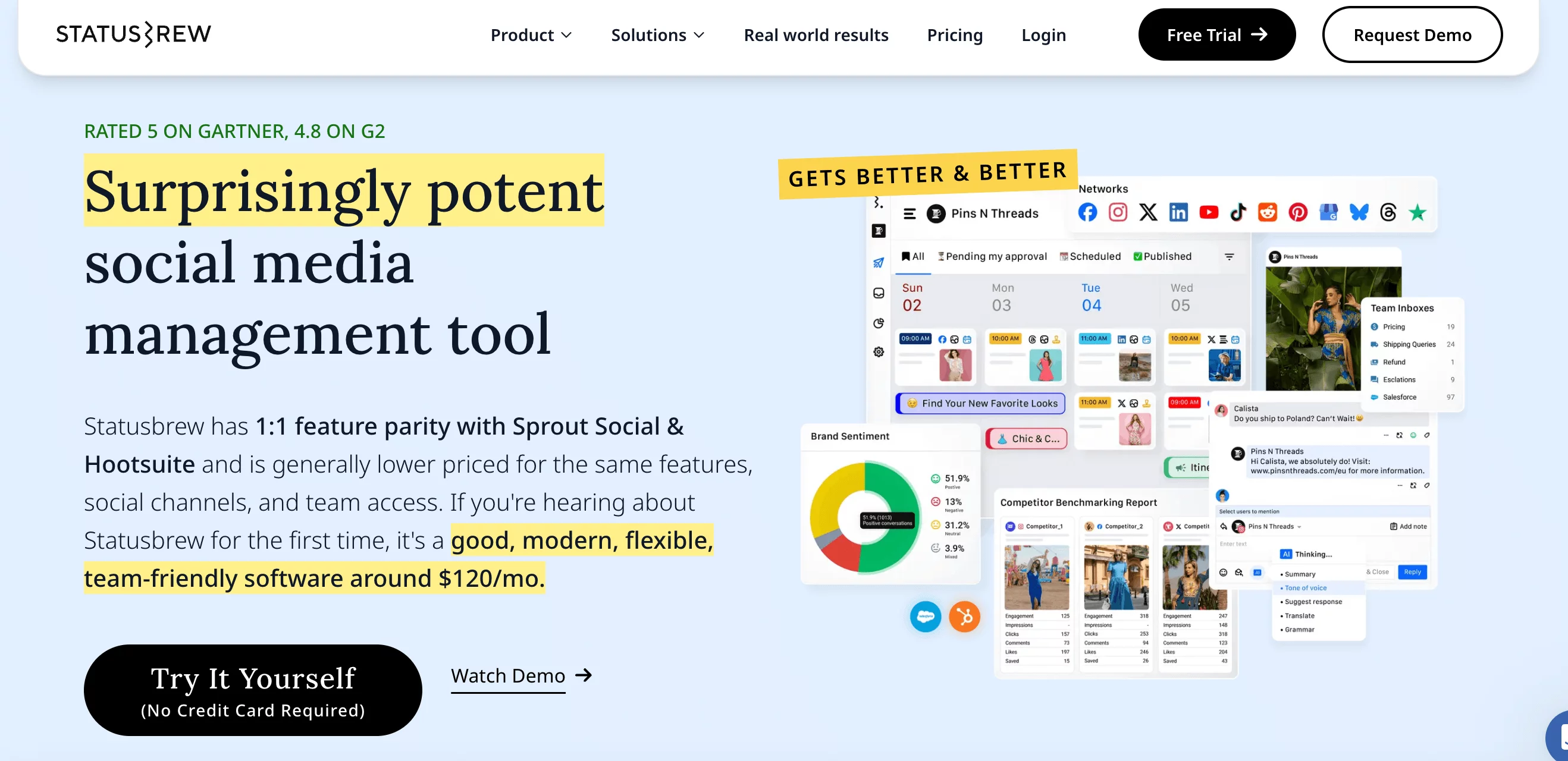 Statusbrew homepage highlighting sentiment insights, content calendar, and AI-assisted responses