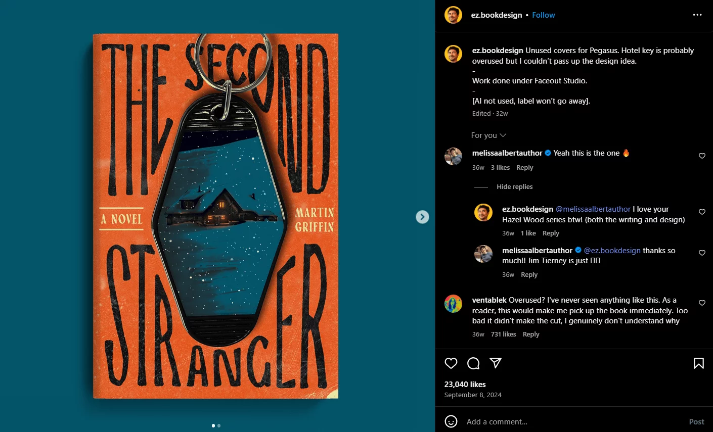 Book cover post with fan praise and positive design feedback in the comments.