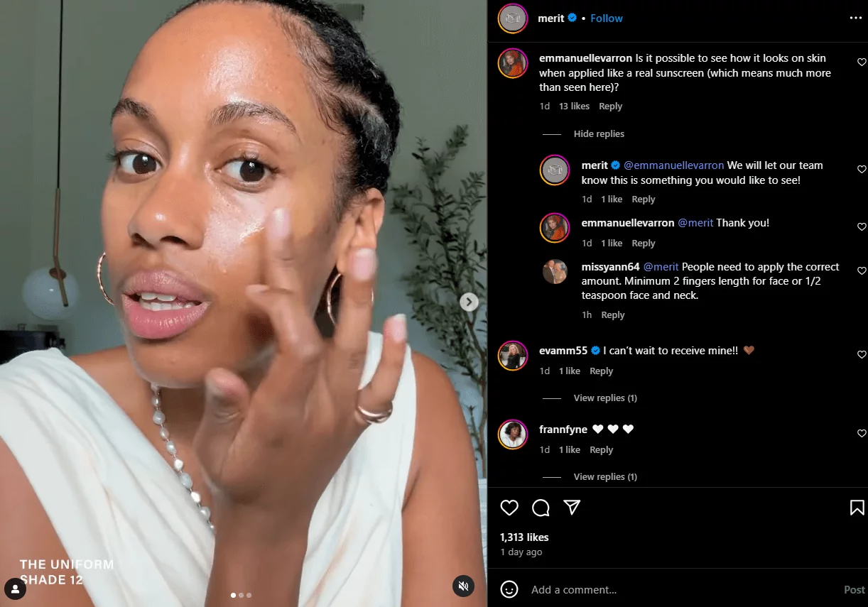 Influencer applies Merit sunscreen as followers give product feedback and usage tips.