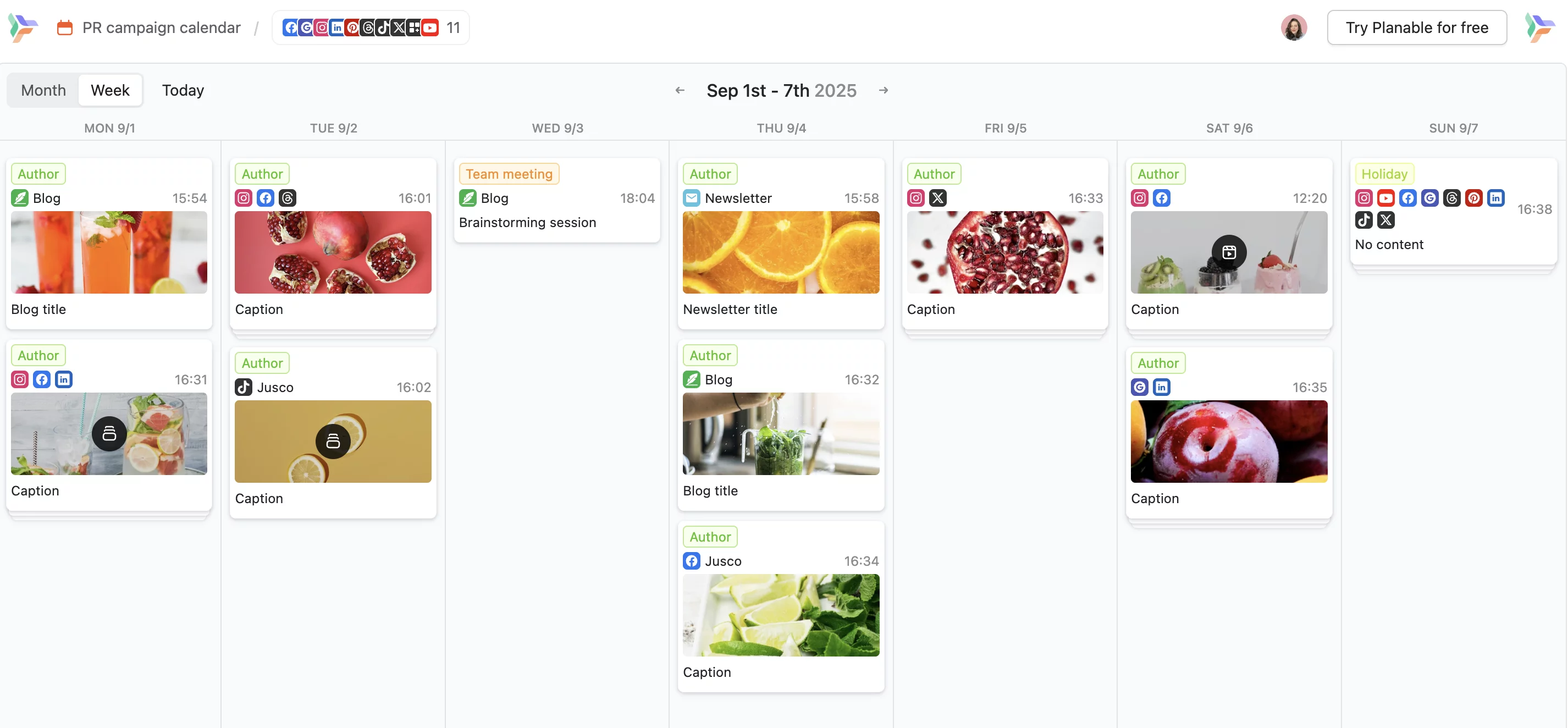 Planable's content calendar with scheduled social media posts for different platforms
