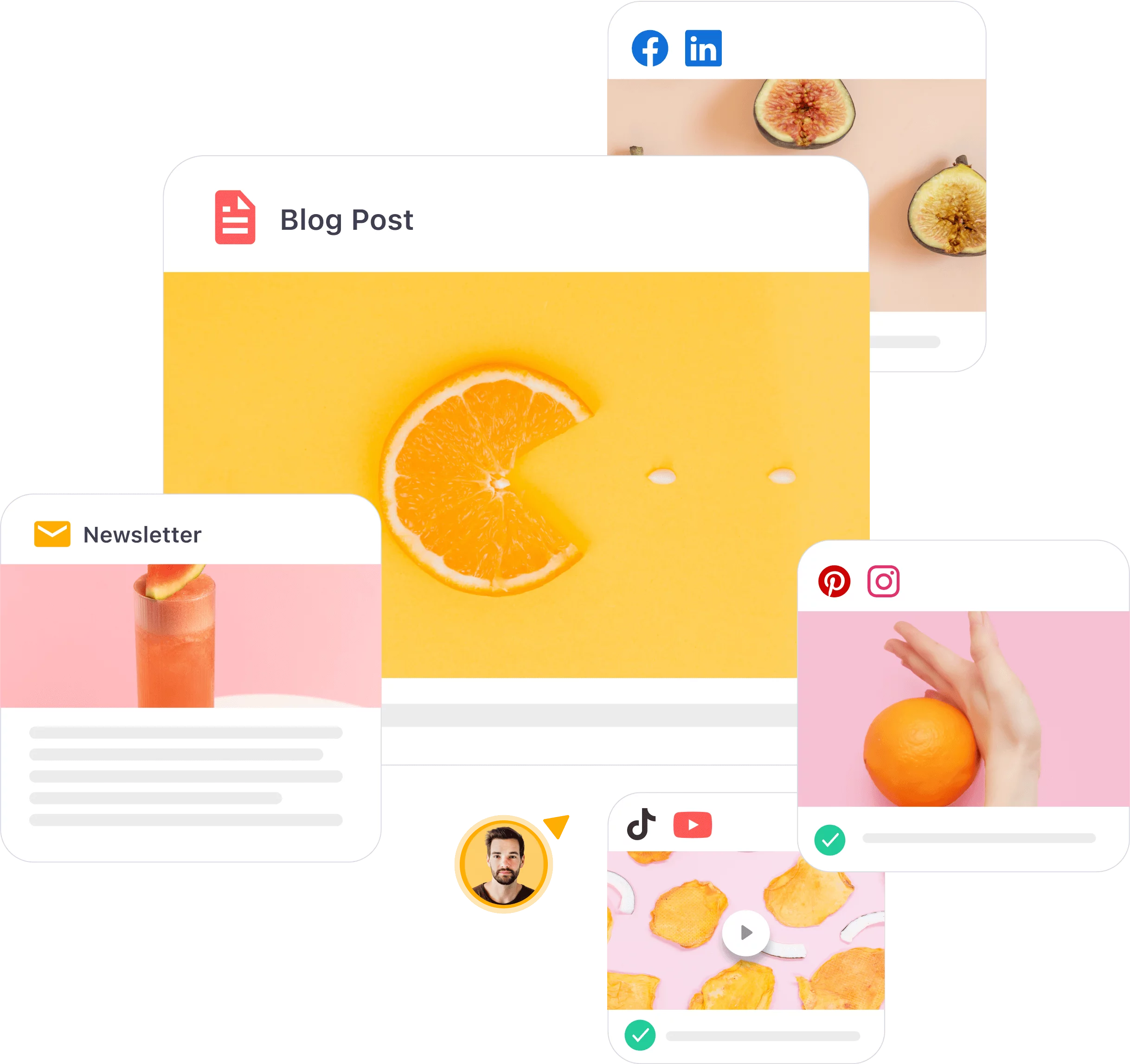 Preview of universal content formats including blog, newsletter, social media, and video layouts.