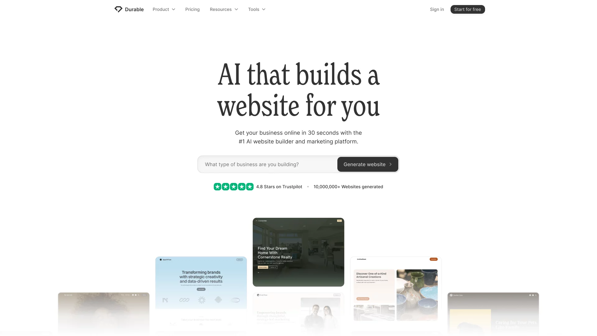ai tool Durable homepage showing examples of sites it can build for you