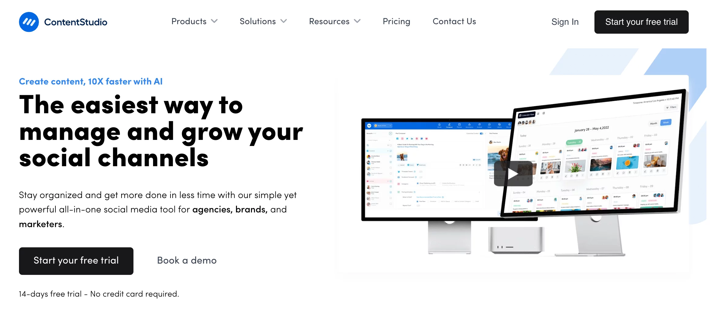 Panel de ContentStudio con calendario de publicaciones y herramientas de gestión de redes sociales.