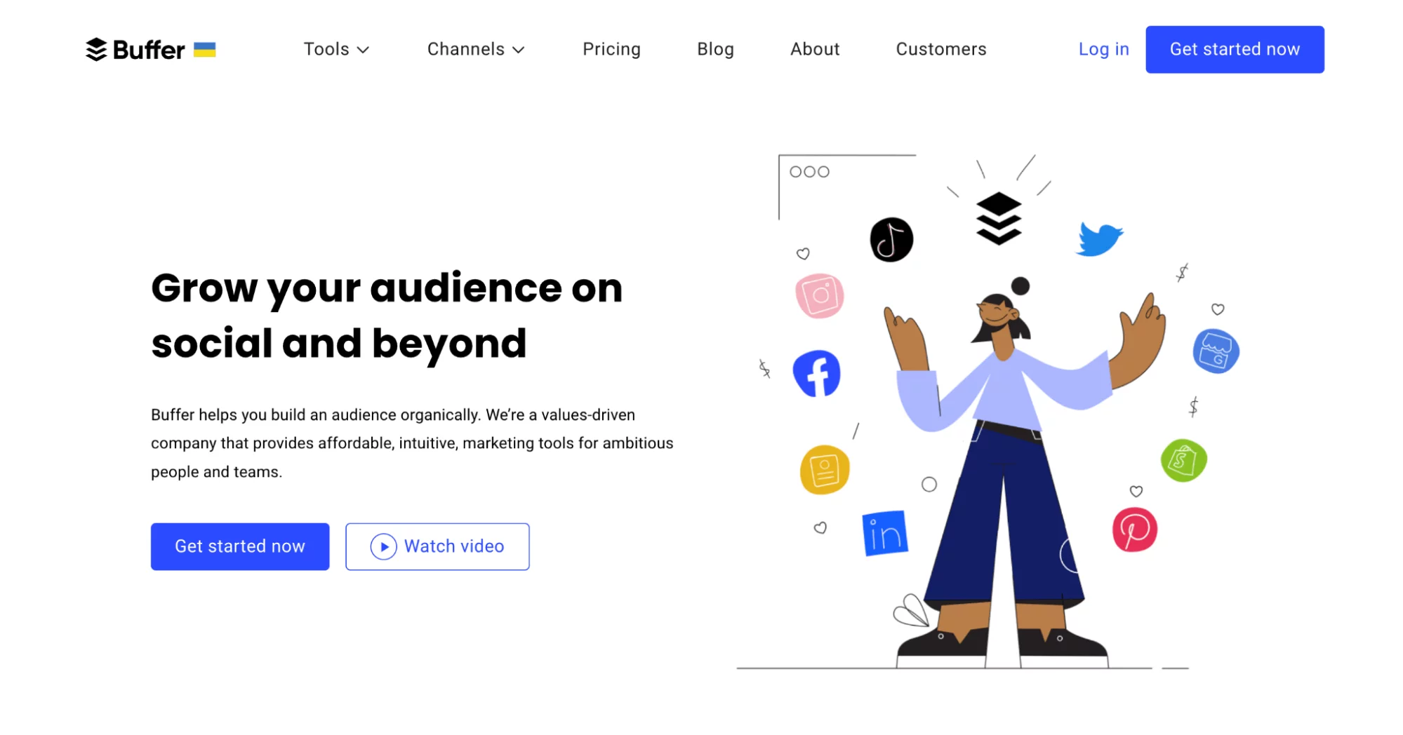 Ilustración de usuario gestionando redes sociales con logos de plataformas y llamado a la acción.