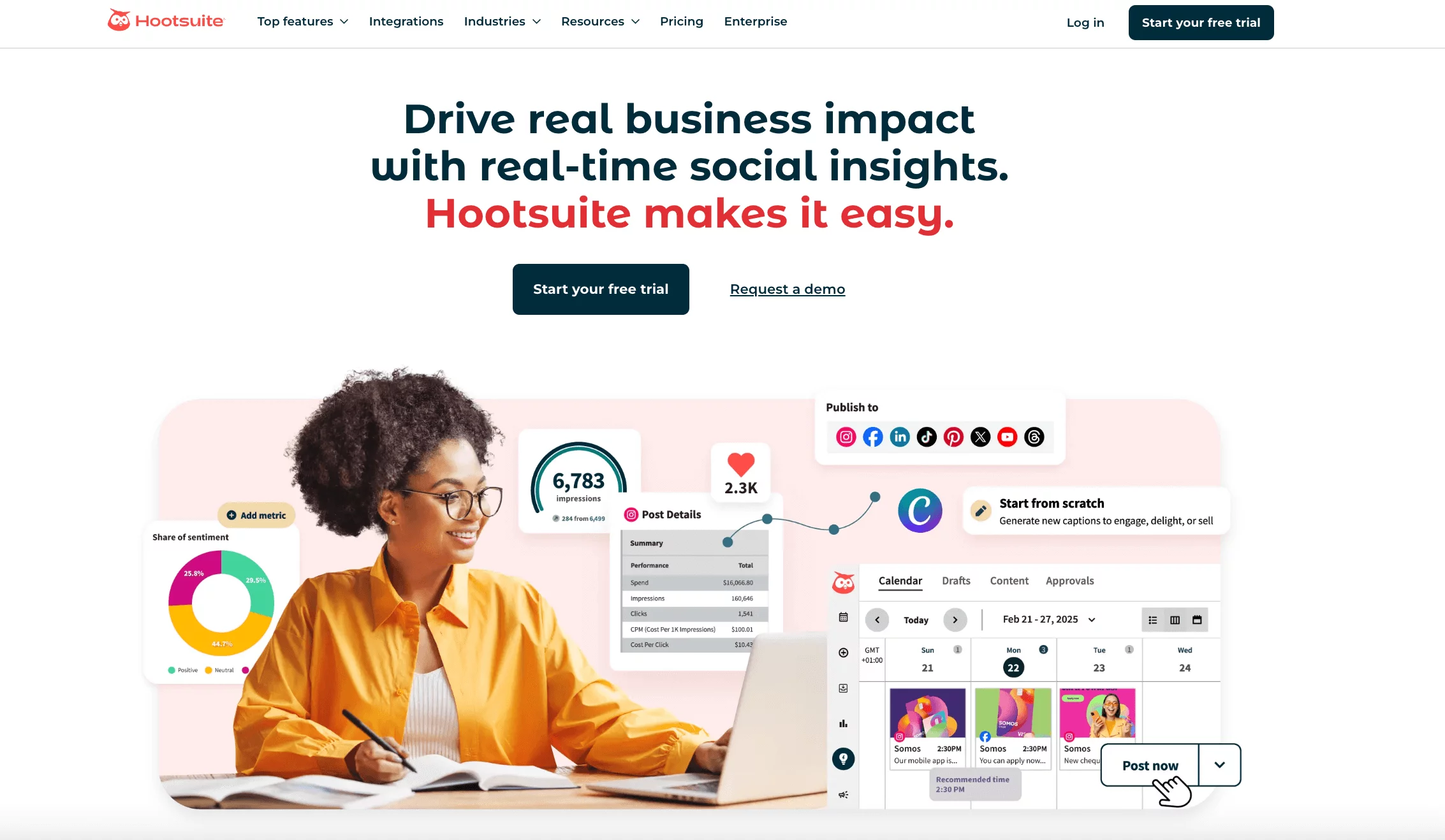 Mujer usando Hootsuite con gráficos de métricas, calendario y opciones de publicación.