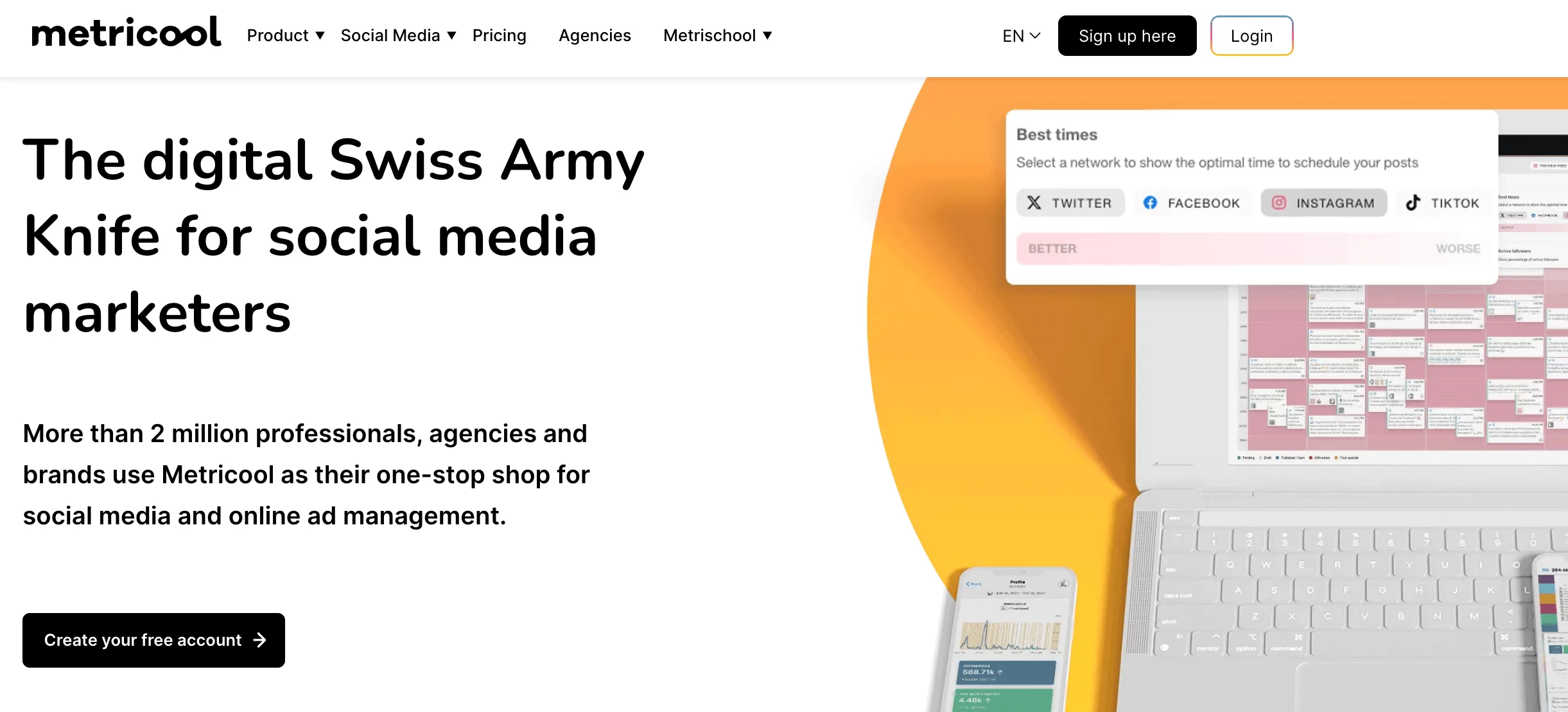 Laptop con interfaz de Metricool mostrando horarios óptimos para publicar en redes sociales.