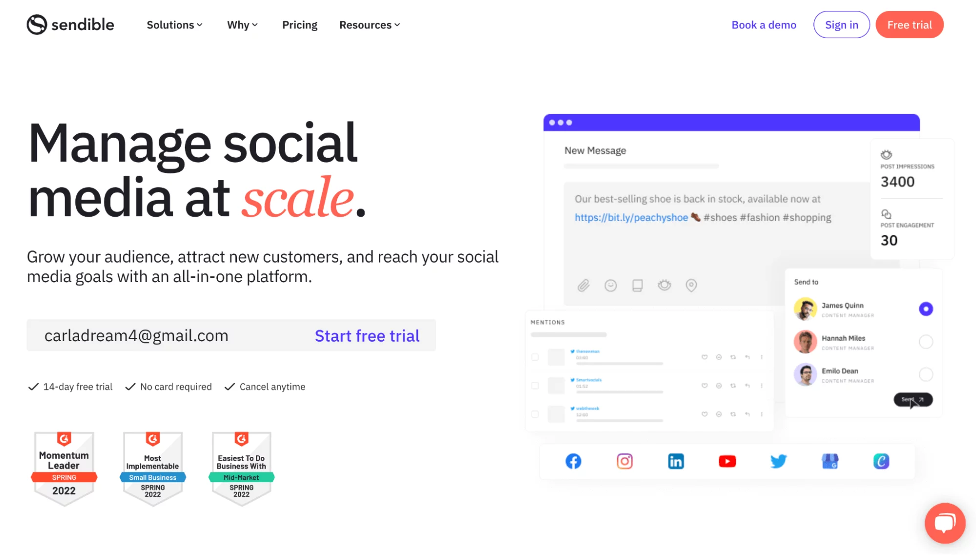 Plataforma de Sendible con herramientas para gestionar redes sociales y estadísticas de publicaciones.