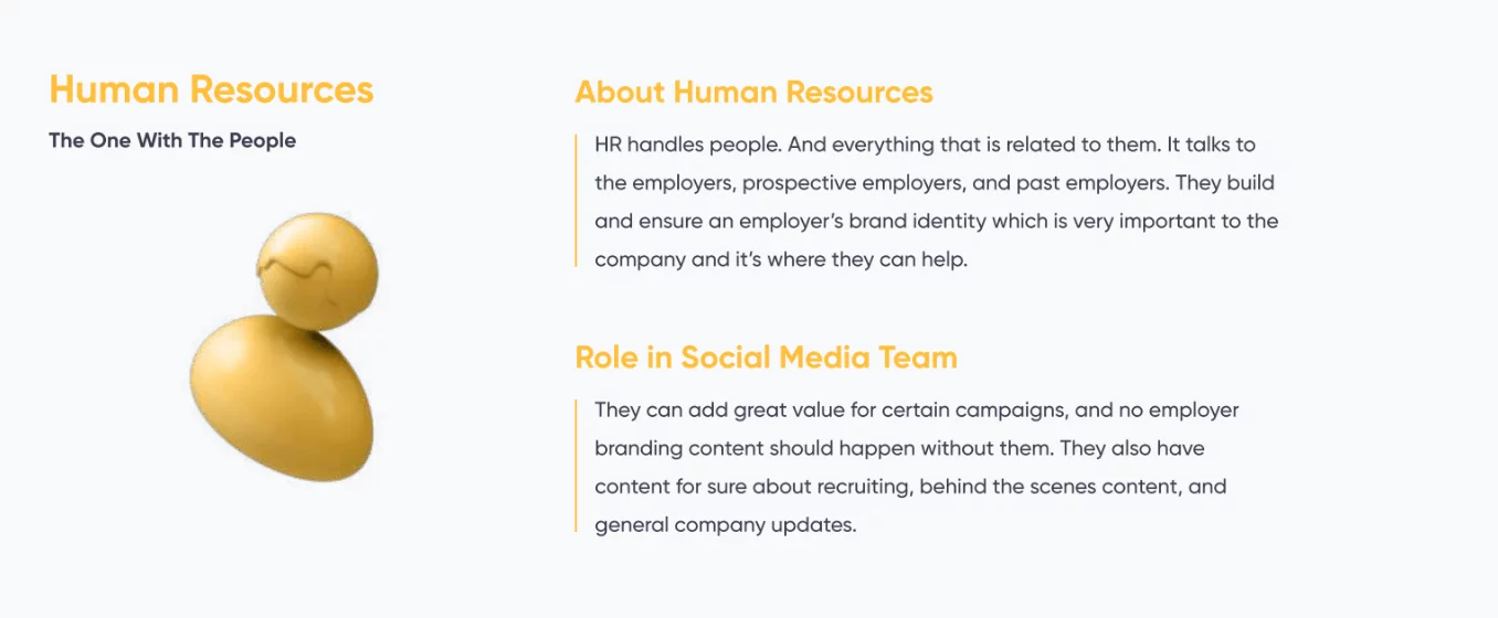 Human Resources role infographic showing responsibilities in employer branding, recruiting, and social media content.