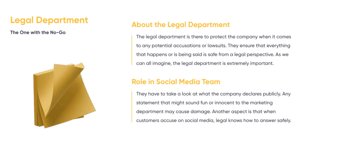 Legal Department role infographic highlighting responsibilities in compliance, public statements, and risk management.