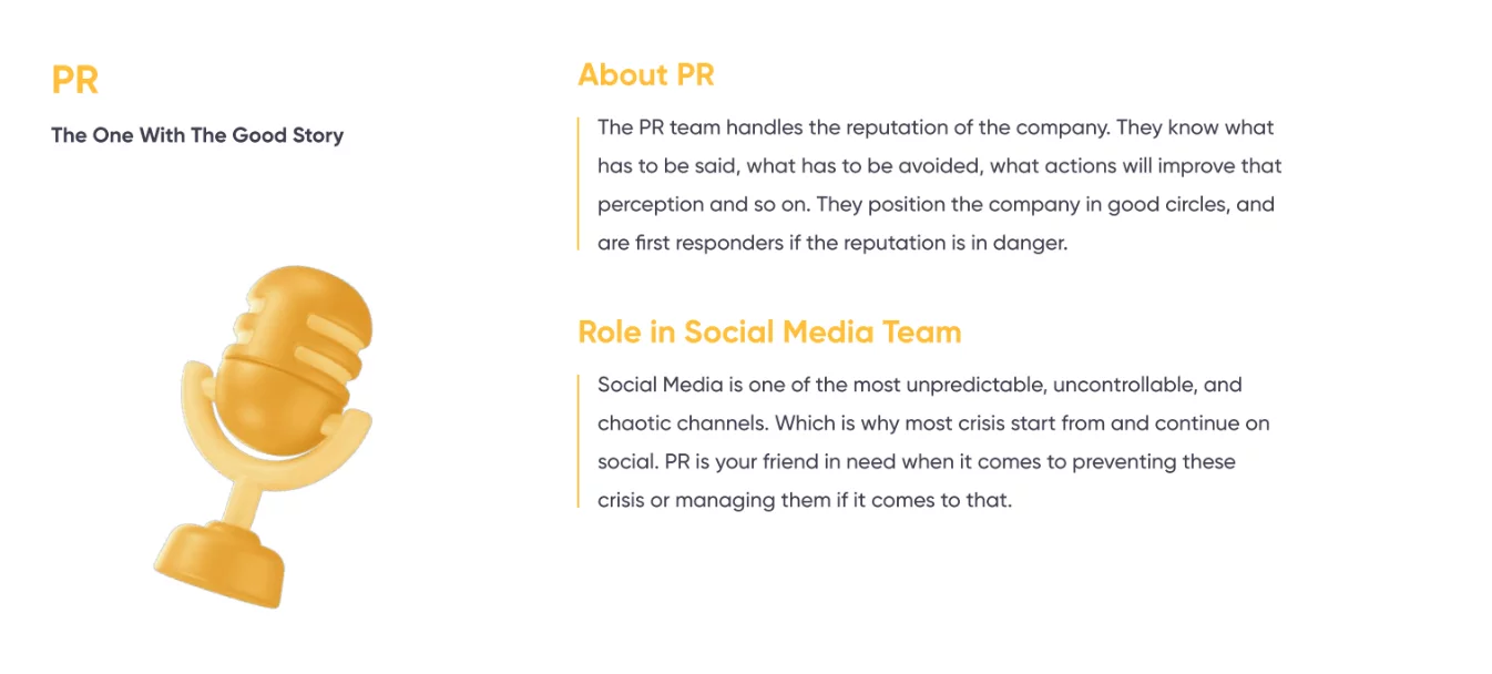 PR team role infographic highlighting responsibilities in reputation management, crisis prevention, and social media support.