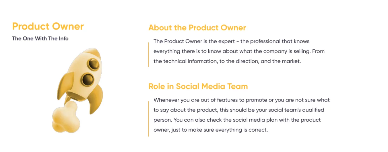 Product Owner role infographic showing responsibilities as product expert and advisor in social media teams.