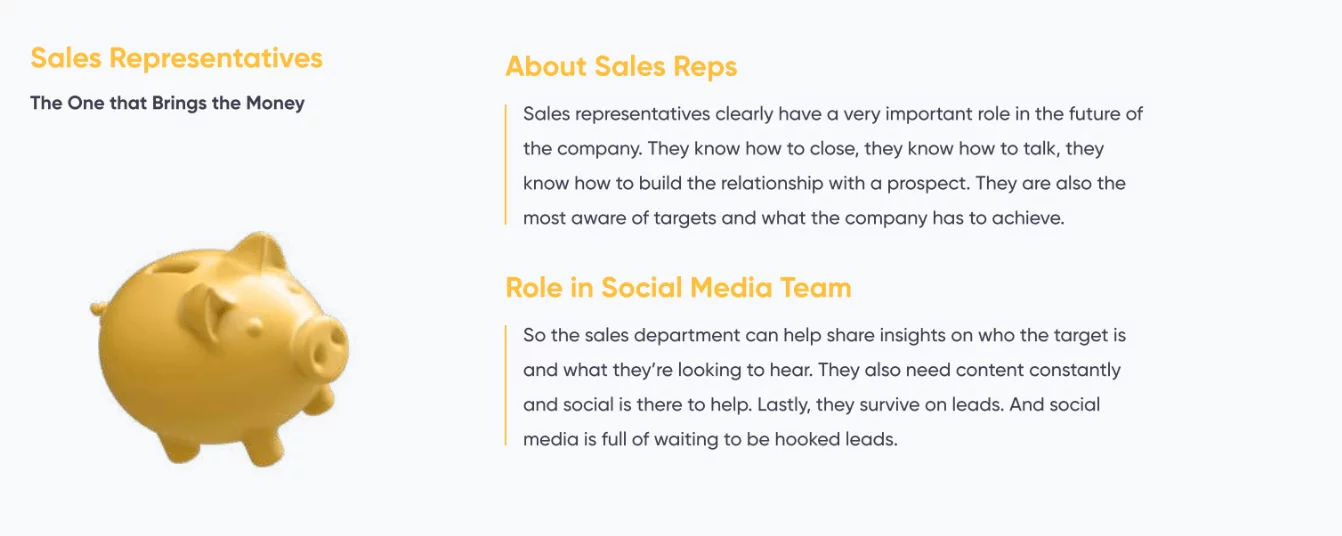 Sales Representatives role infographic showing importance in lead generation, targets, and social media collaboration.